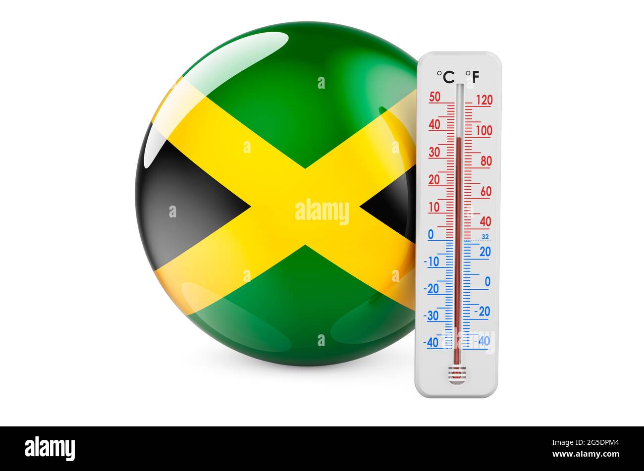 Thermometer with Jamaican flag. Heat in Jamaica concept. 3D rendering