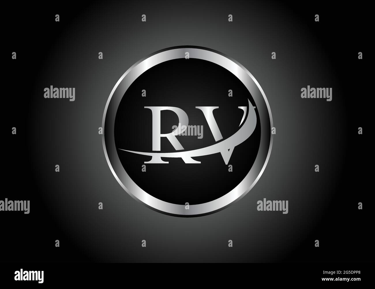 silver letter RV metal combination alphabet logo icon design with grey color on Black and white gradient design for a company or business Stock Vector