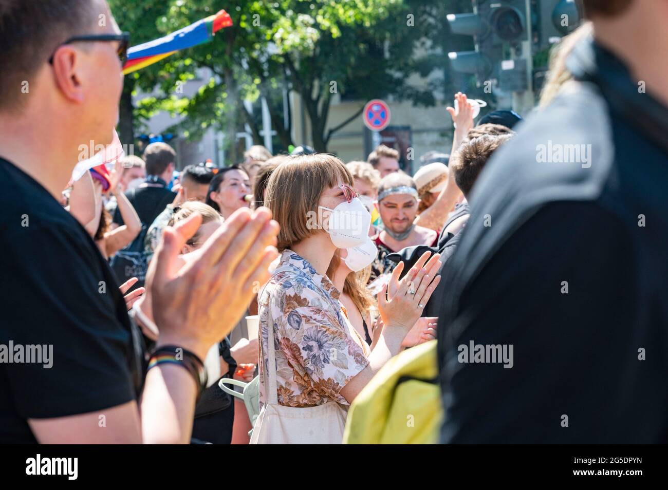 Queer people demonstrate in Berlin at the Hermanplatz for safety  against Queer perple on the 26.06.2021. Stock Photo