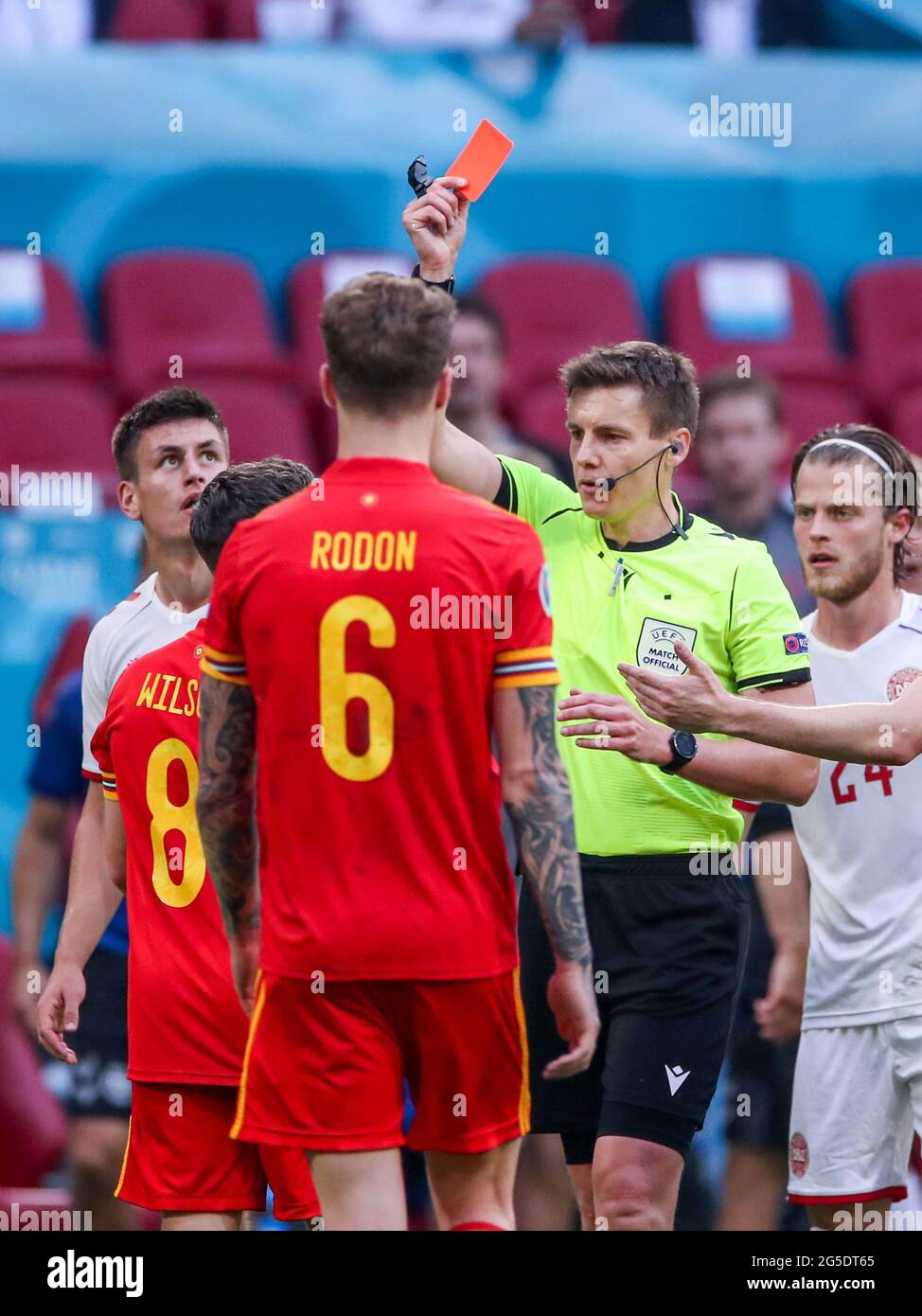 Wales' Harry Wilson (hidden) is sent off for a foul on Denmark's Joakim Maehle by referee Daniel Siebert during the UEFA Euro 2020 round of 16 match held at the Johan Cruijff ArenA in Amsterdam, Netherlands. Picture date: Saturday June 26, 2021. Stock Photo