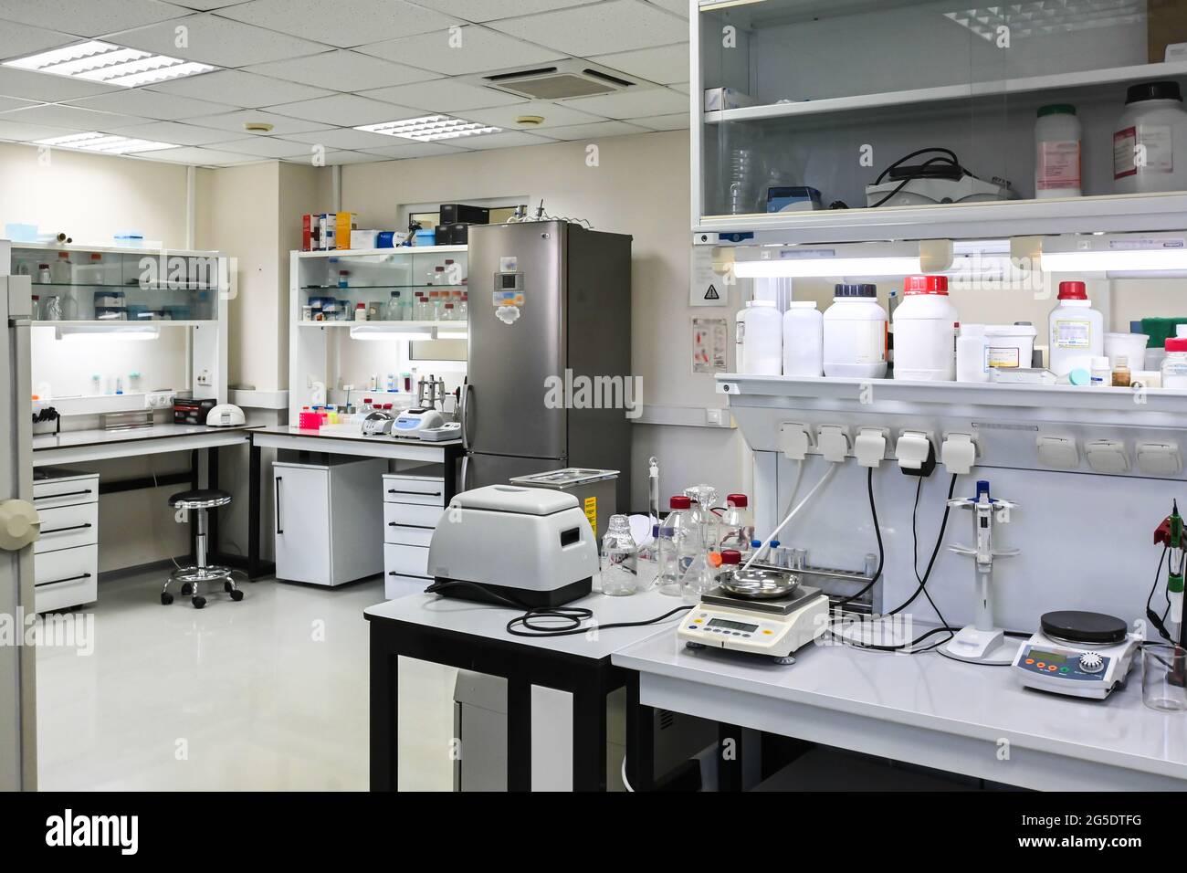 Interior of a modern laboratory. Furniture, equipment and devices in the room for scientific