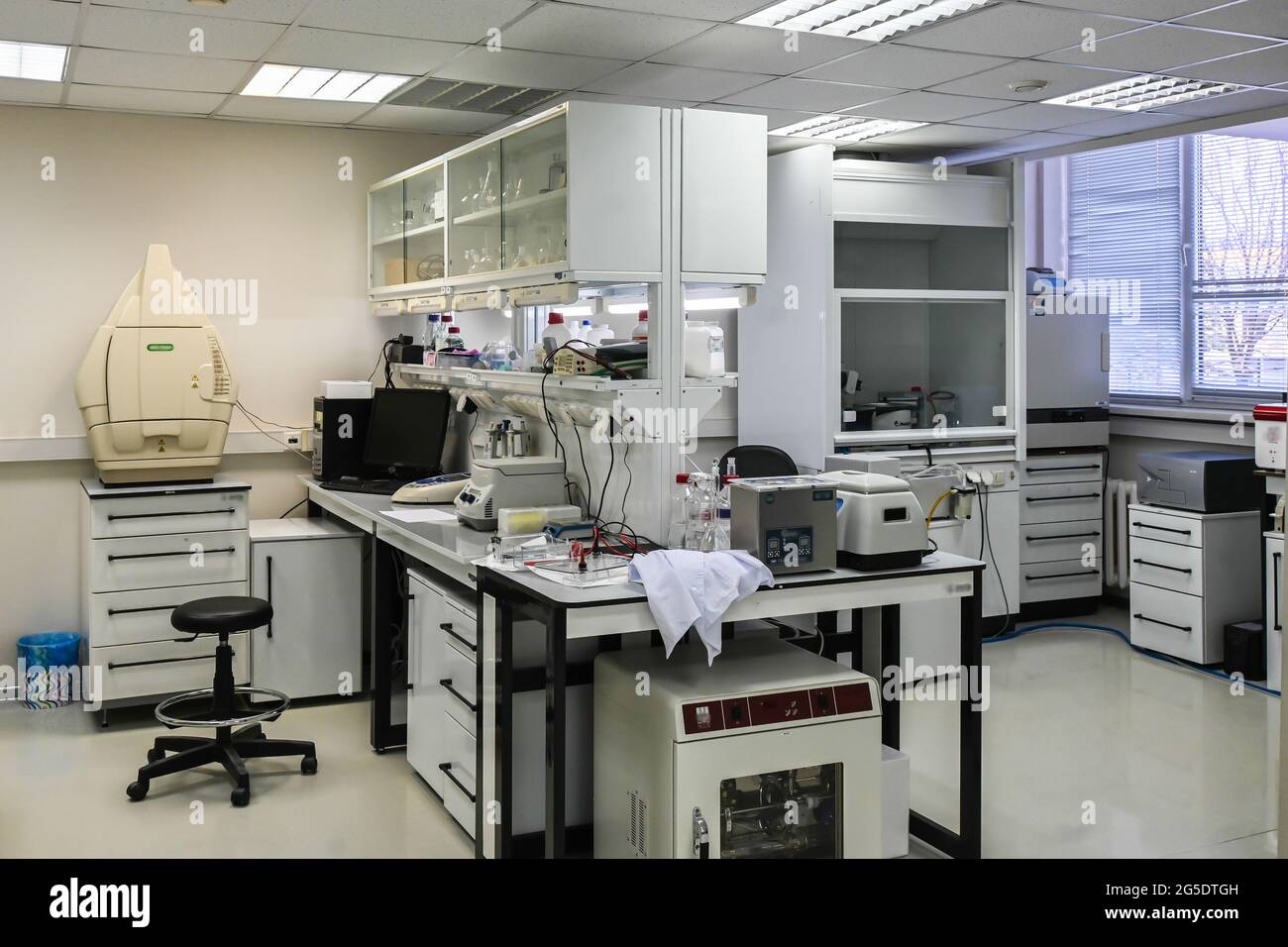 Interior of a modern laboratory. Furniture, equipment and devices in the room for scientific