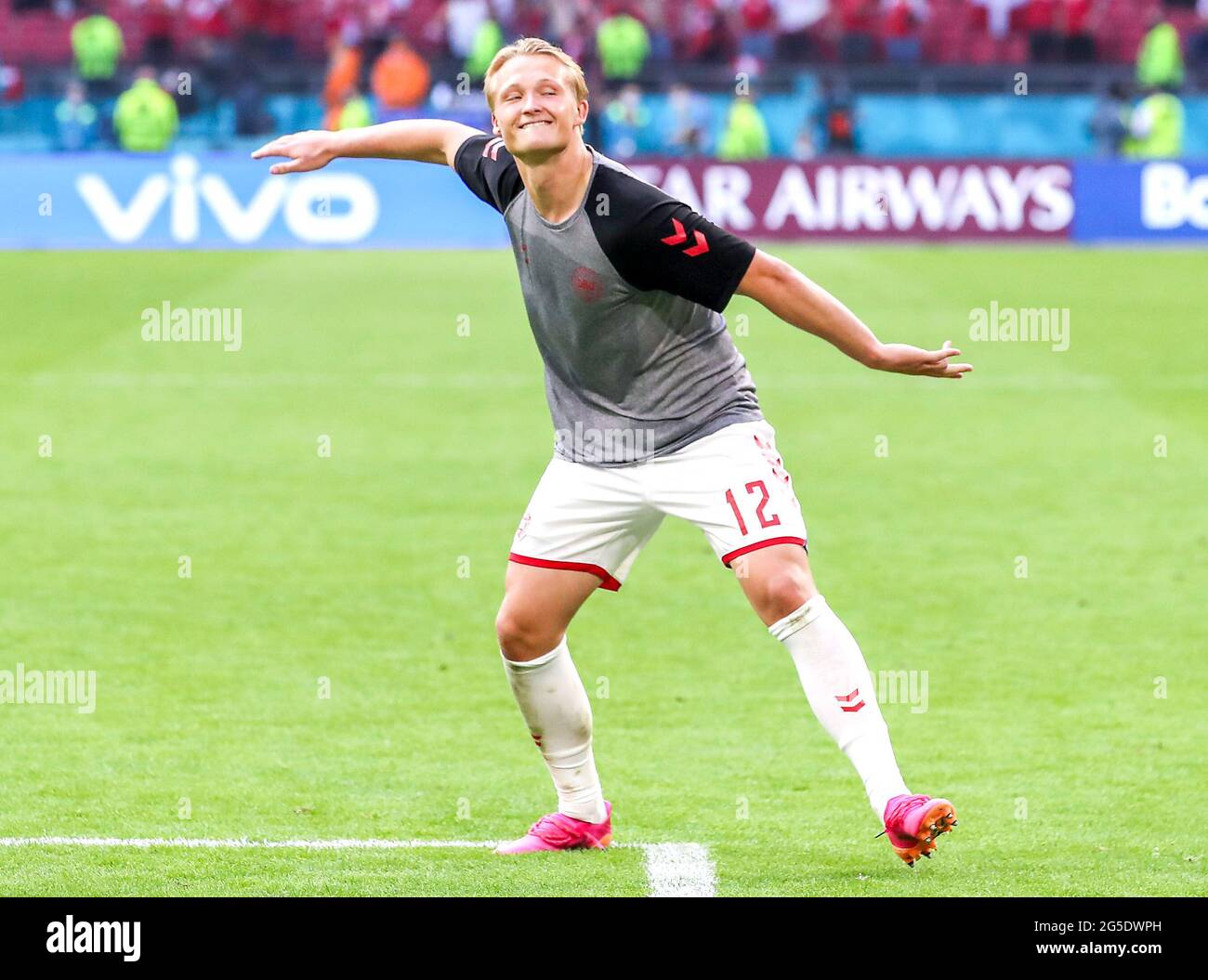 Denmark's Kasper Dolberg celebrates victory after the final whistle during the UEFA Euro 2020 round of 16 match held at the Johan Cruijff ArenA in Amsterdam, Netherlands. Picture date: Saturday June 26, 2021. Stock Photo