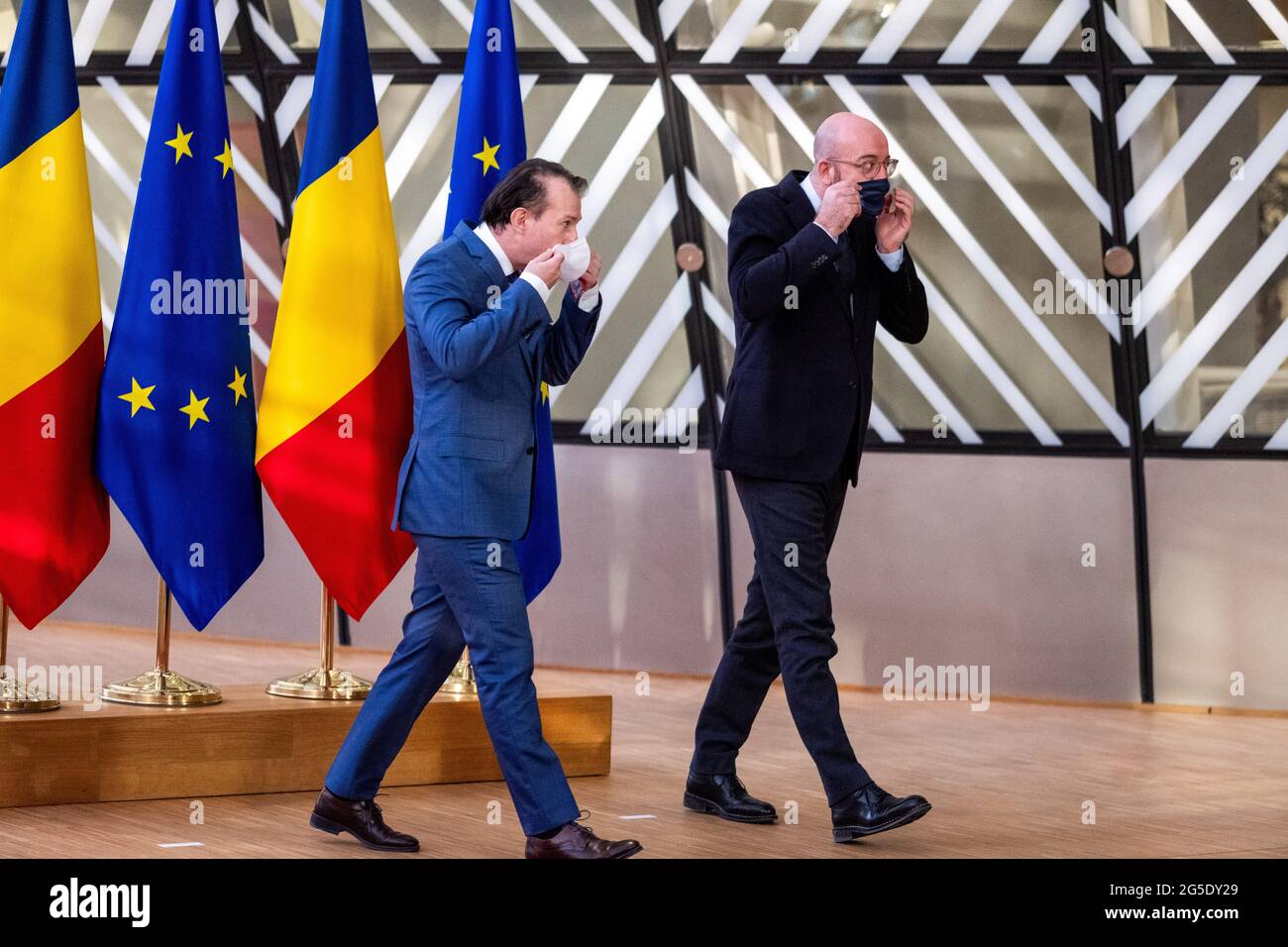 European Council President Charles MICHEL, receives the Prime Minister of Romania, Florin CITU.  Brussels, Belgium. Stock Photo