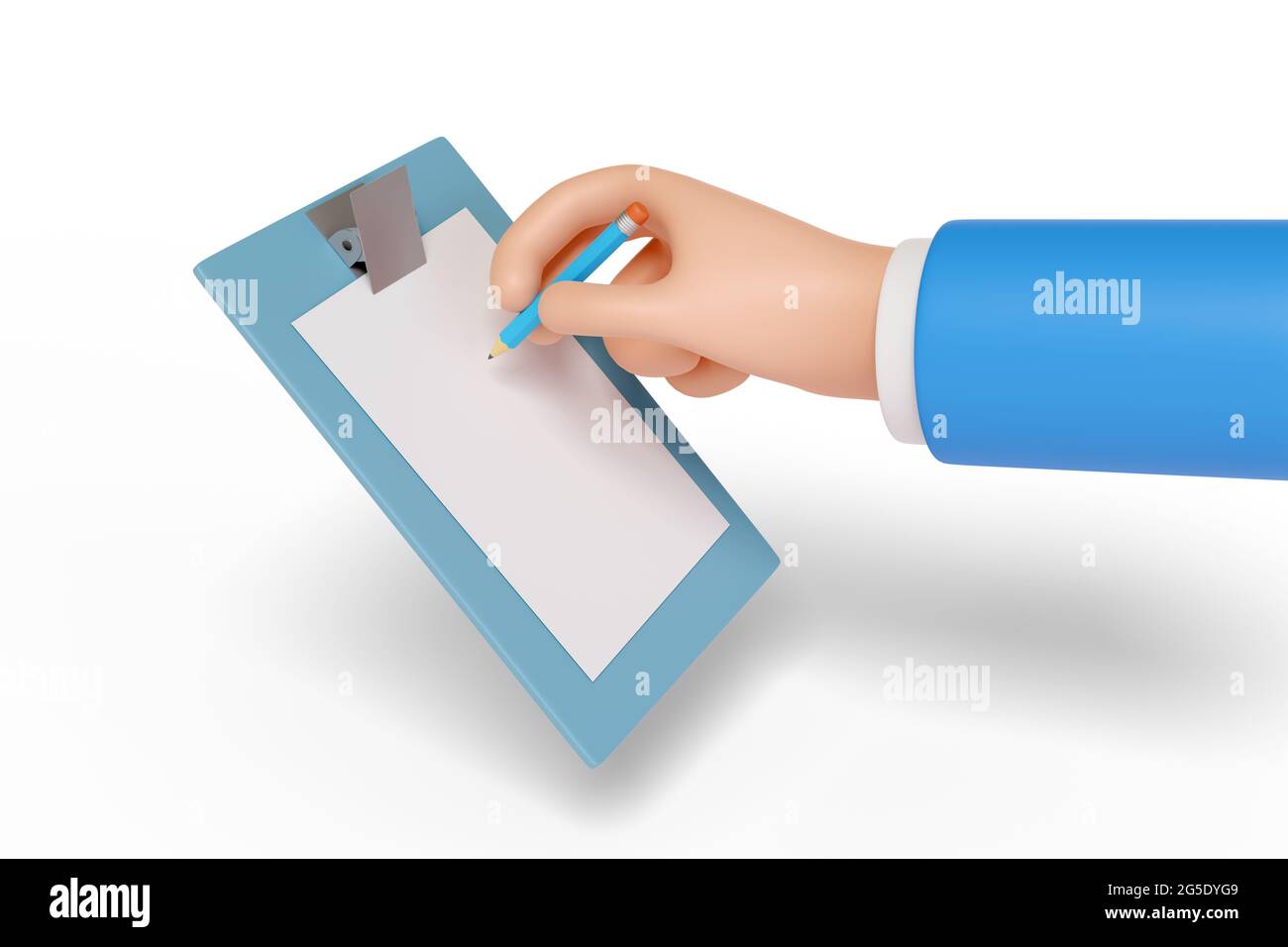 Cartoon hand writing on a clip board isolated in white background. 3d illustration. Stock Photo