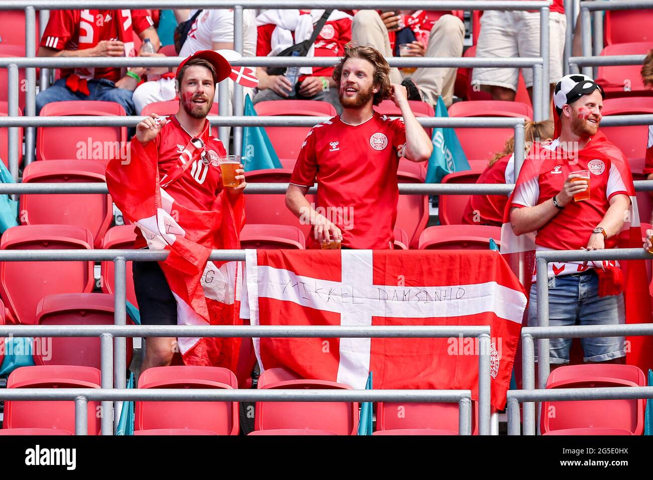 AMSTERDAM, NETHERLANDS - JUNE 26: Fans of Denmark during the UEFA Euro 2020 Championship 1/8 final match between Wales and Denmark at the Johan Cruijff ArenA on June 26, 2021 in Amsterdam, Netherlands (Photo by Marcel ter Bals/Orange Pictures) Credit: Orange Pics BV/Alamy Live News Stock Photo