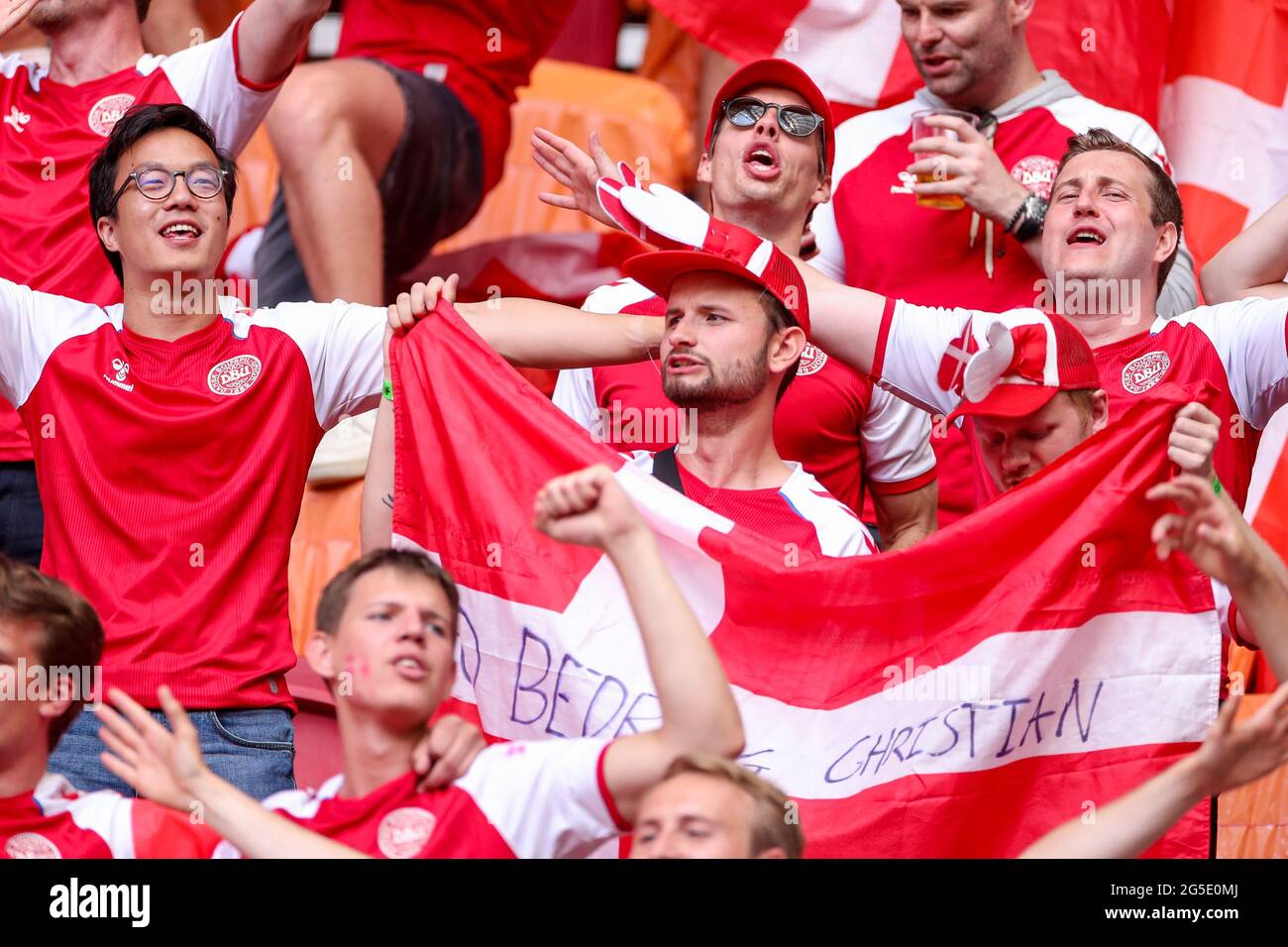 AMSTERDAM, NETHERLANDS - JUNE 26: Fans of Denmark during the UEFA Euro 2020 Championship 1/8 final match between Wales and Denmark at the Johan Cruijff ArenA on June 26, 2021 in Amsterdam, Netherlands (Photo by Marcel ter Bals/Orange Pictures) Credit: Orange Pics BV/Alamy Live News Stock Photo