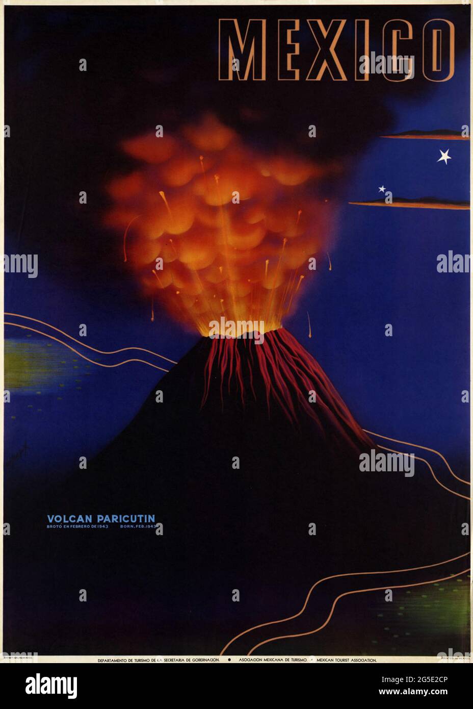 A vintage travel poster for Mexico showing the volcano Paricutin erupting Stock Photo