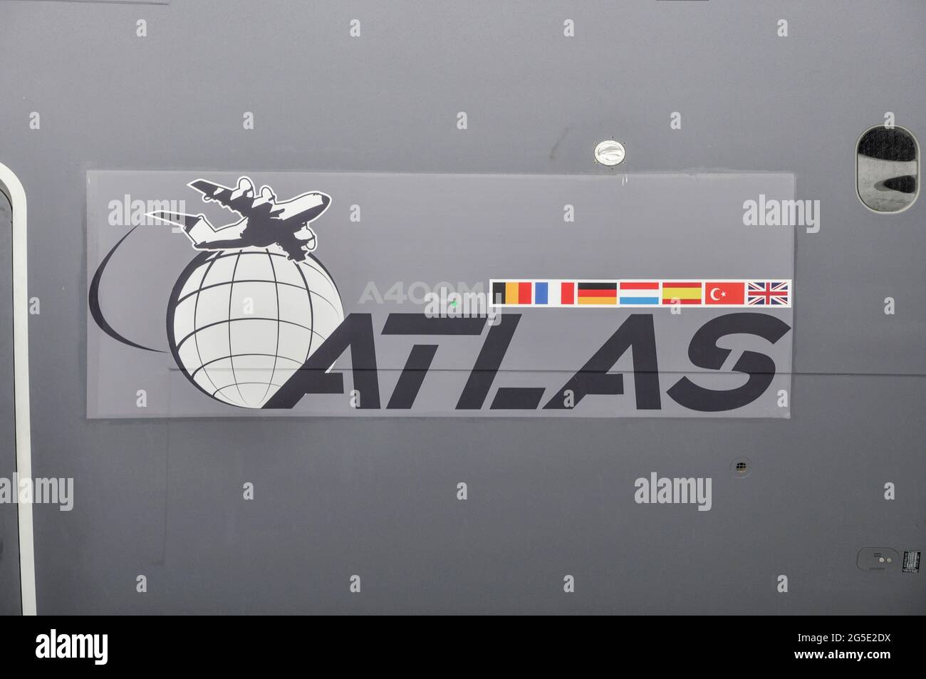 Airbus Military A400M Atlas transport plane branding at the Farnborough International Airshow trade fair 2012, UK. Launch customer country flags Stock Photo