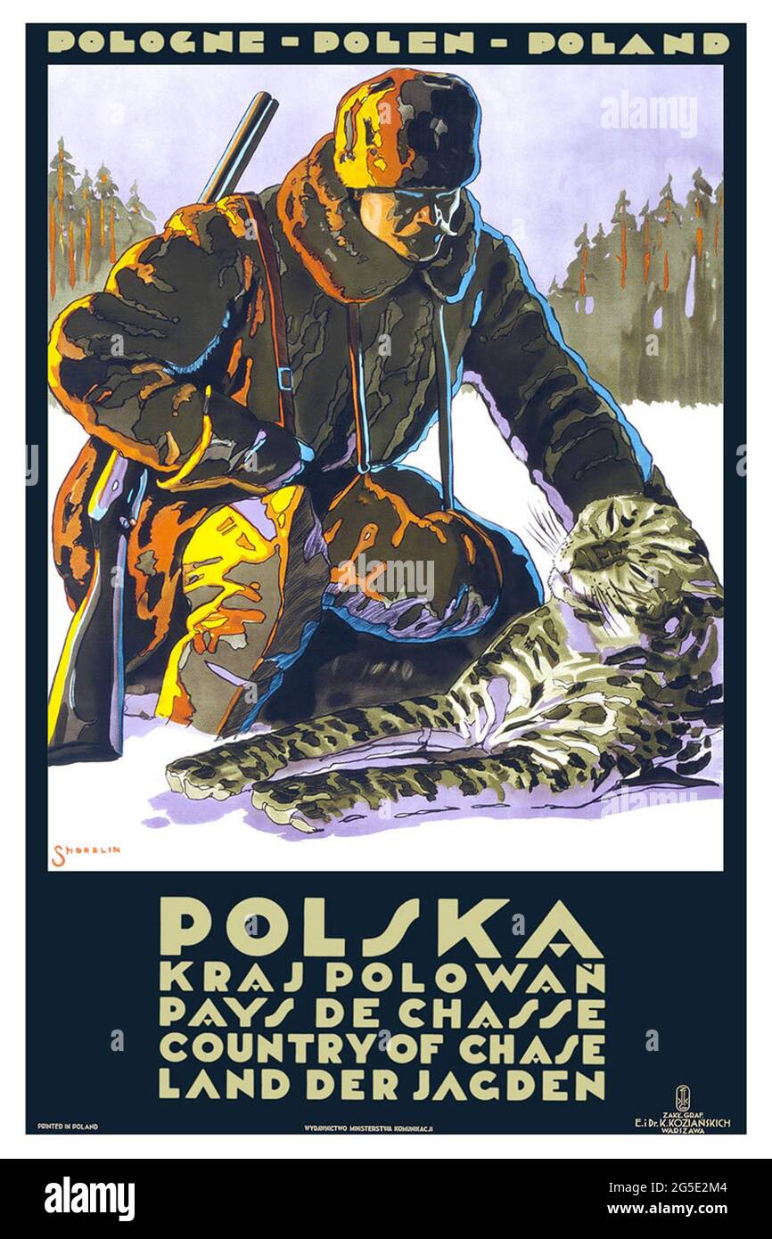 A vintage travel poster for big game hunting in Poland Stock Photo