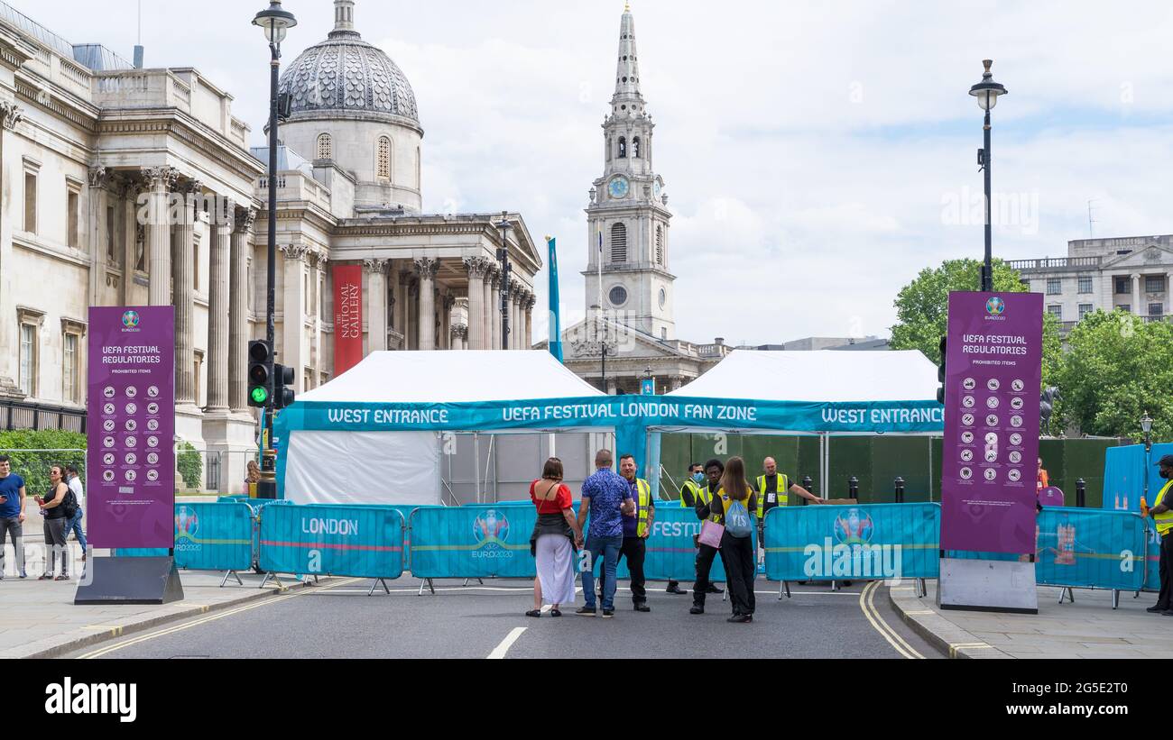 West Entrance to the UEFA Festival London Fan Zone in Trafalgar Square to watch the Euro 2020 football tournament. London - 26th June 2021 Stock Photo