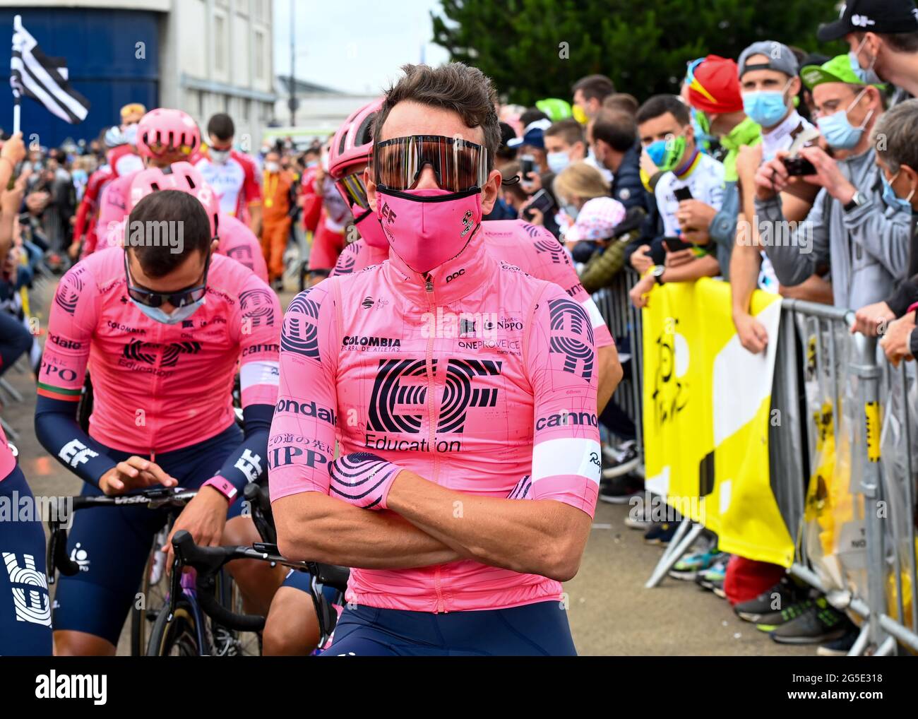 BREST to LANDERNEAU, France, 26th June 2021,RIGOBERTO URAN of EF Education Nippo at the start of stage 1 of the 2021 Tour de France , Credit:Pete Goding/Alamy Live News Stock Photo