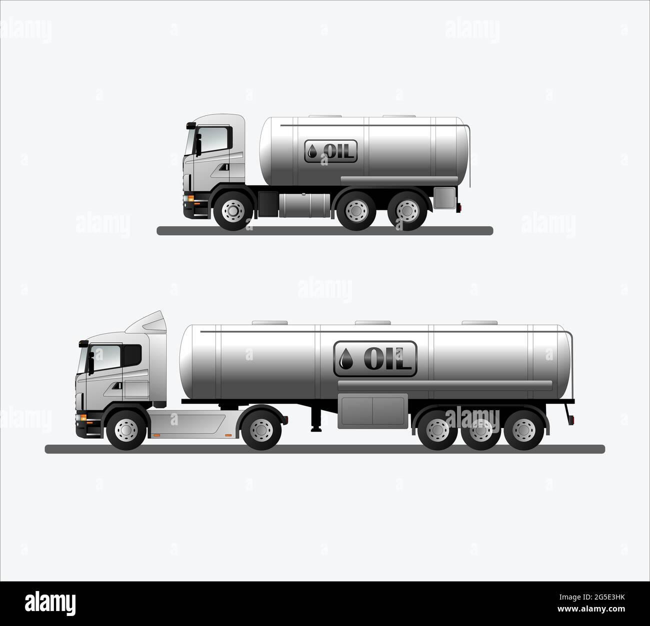 a set of modern European trucks with an oil tanker and an oil sign. Vector flat illustration. Stock Vector