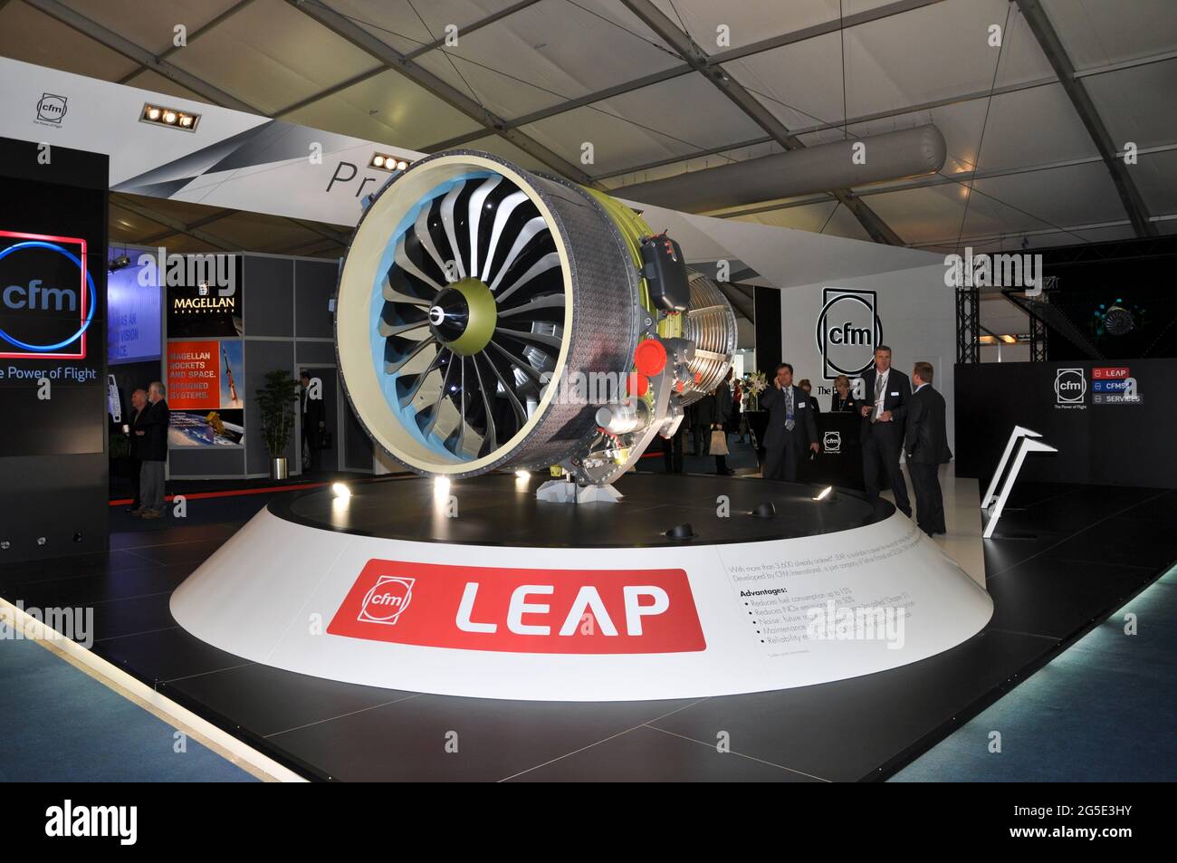 CFM International LEAP high-bypass turbofan engine display stand at the Farnborough International Airshow trade fair 2012, UK. Trade stand in Hall Stock Photo