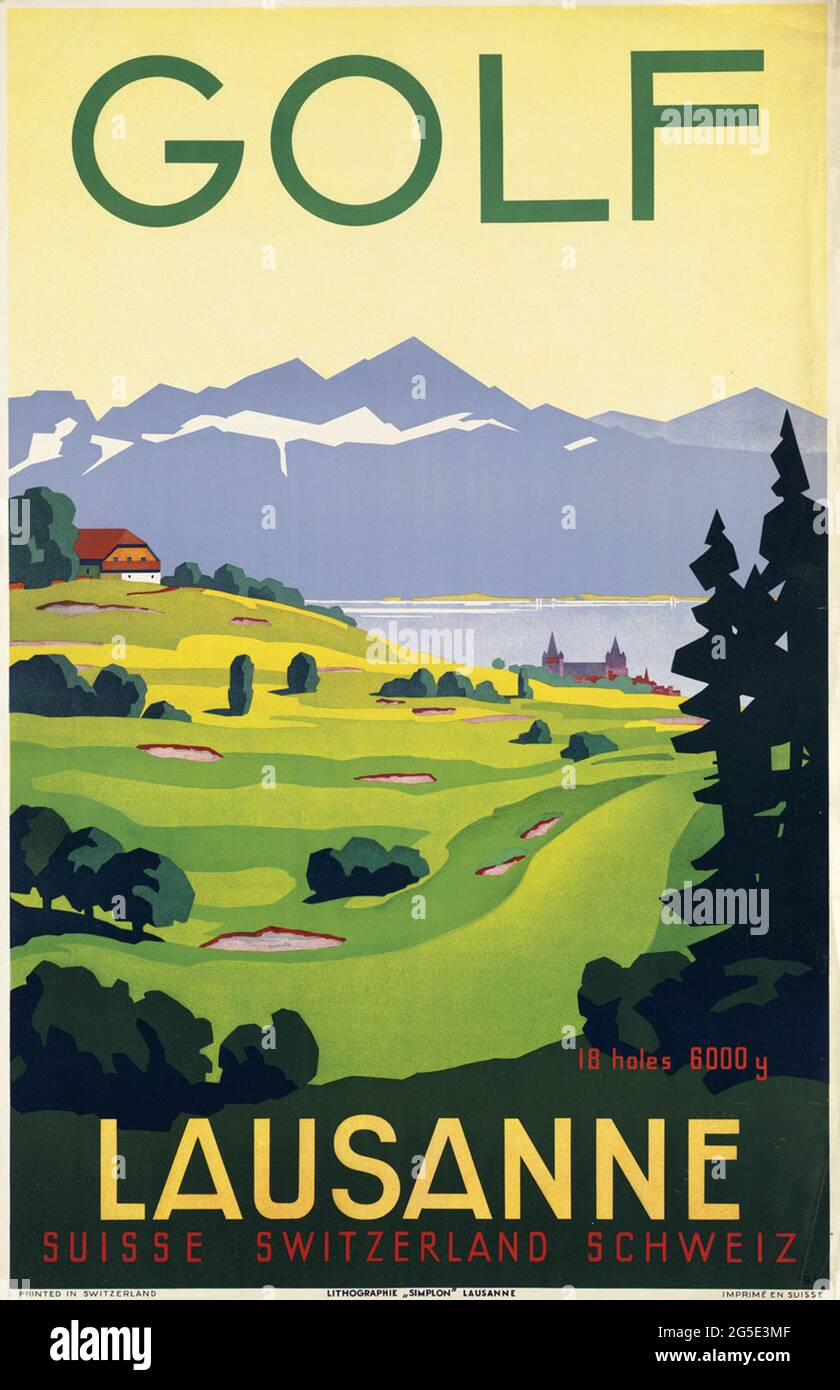 A vintage travel poster for golfing in Lausanne, Switzerland Stock Photo -  Alamy
