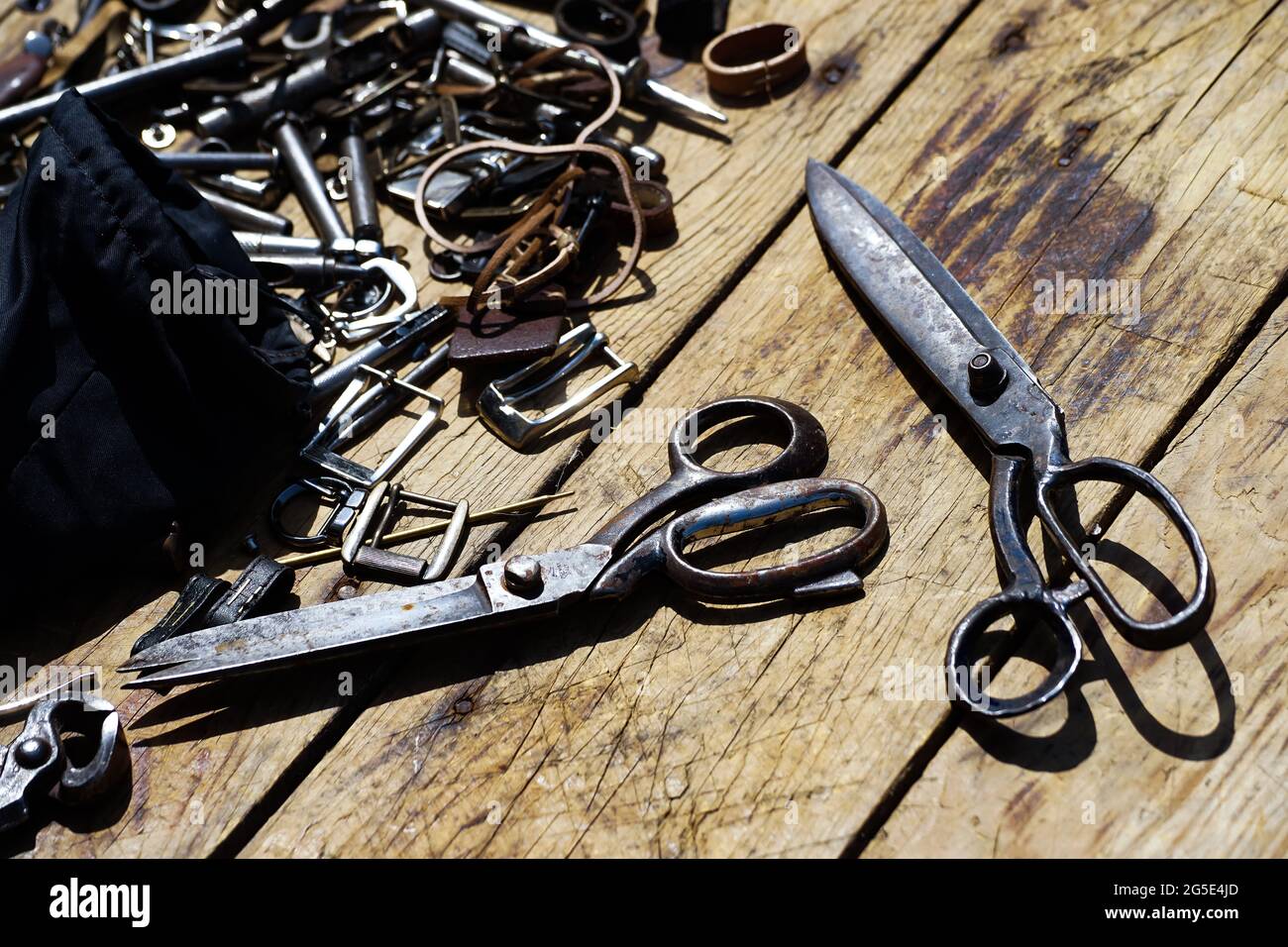 Bucharest, Romania - June 24, 2021: The leather tools of a traditional craftsman, at the Dimitrie Gusti National Village Museum, in Bucharest. Stock Photo