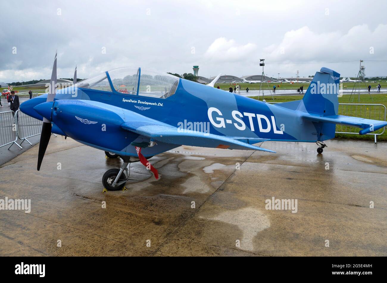 Speedtwin Developments Ltd Speedtwin E2E Comet 1 light aircraft plane at the Farnborough International Airshow trade fair 2012, UK. Stock Photo