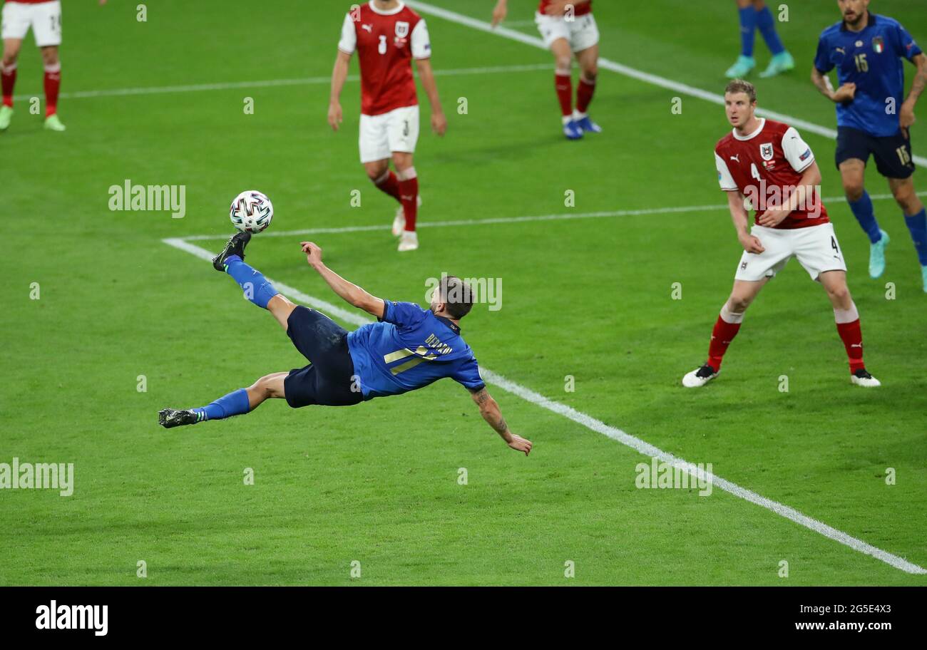 London, England, 26th June 2021. Domenico Berardi of Italy volleys wide and high during the UEFA European Championships match at Wembley Stadium, London. Picture credit should read: David Klein / Sportimage Stock Photo