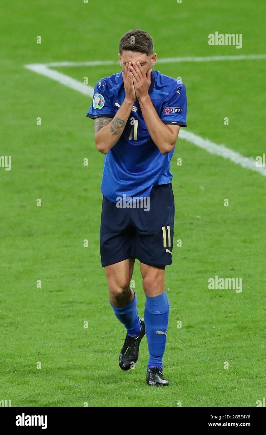 London, England, 26th June 2021.  Domenico Berardi of Italy reacts to volleying high and wide of the goal during the UEFA European Championships match at Wembley Stadium, London. Picture credit should read: David Klein / Sportimage Stock Photo