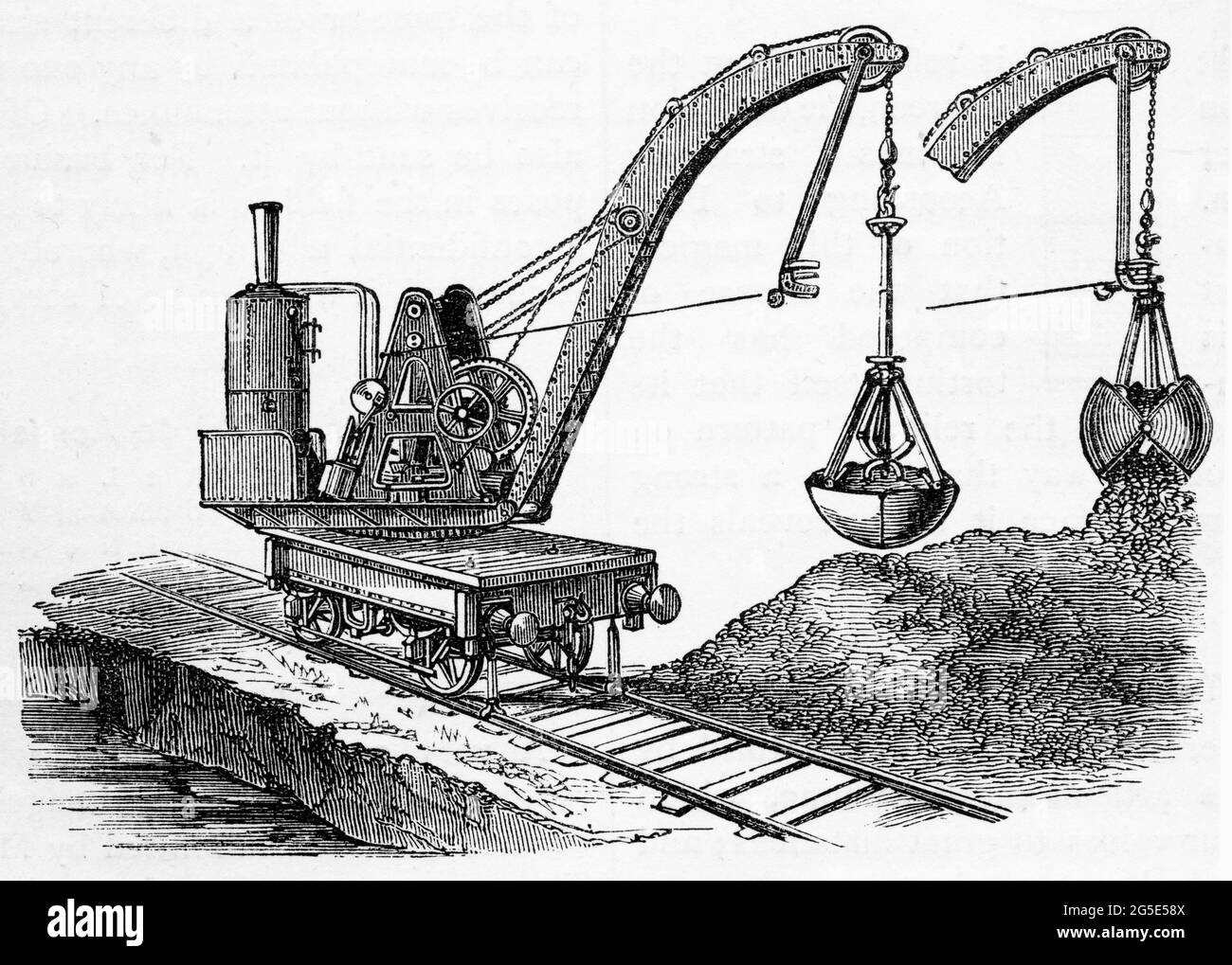 Engraving of a steam driven digger at work, circa 1880 Stock Photo
