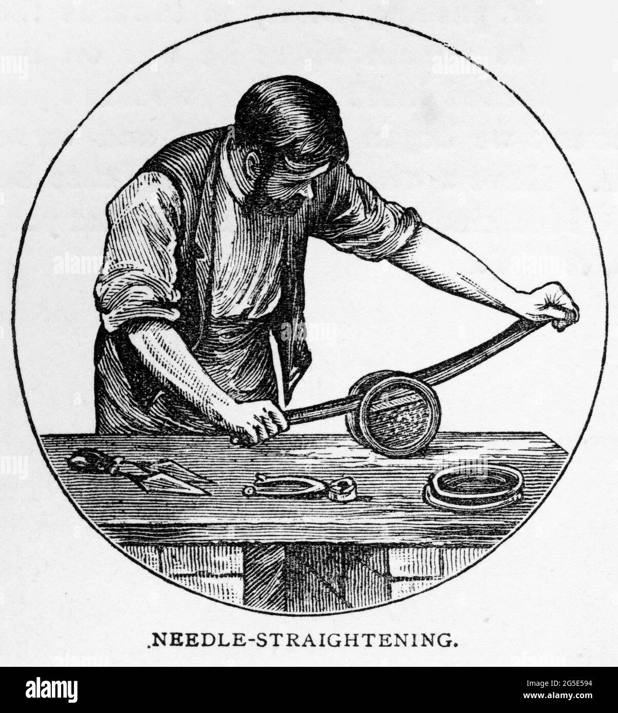 Engraving of a tradesman straightening needles in a press Stock Photo