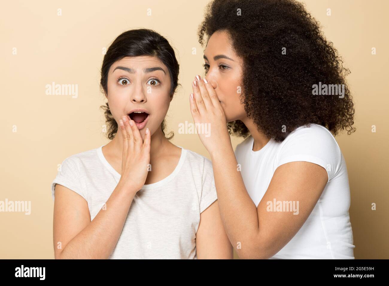 Multiracial girlfriends smile share good deal offer Stock Photo