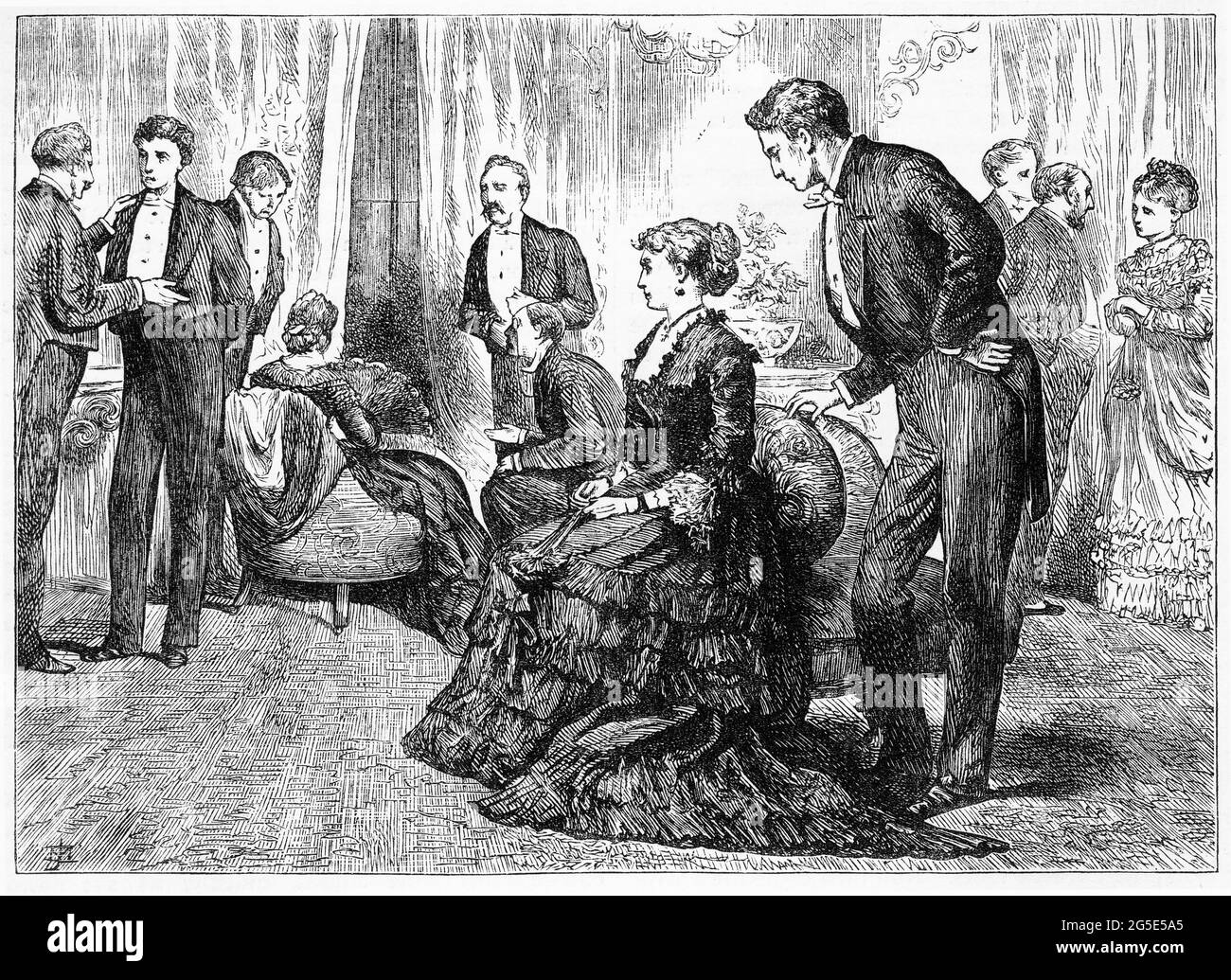 Engraving of a well dressed couple attending a gathering of upper class English people, circa 1890 Stock Photo