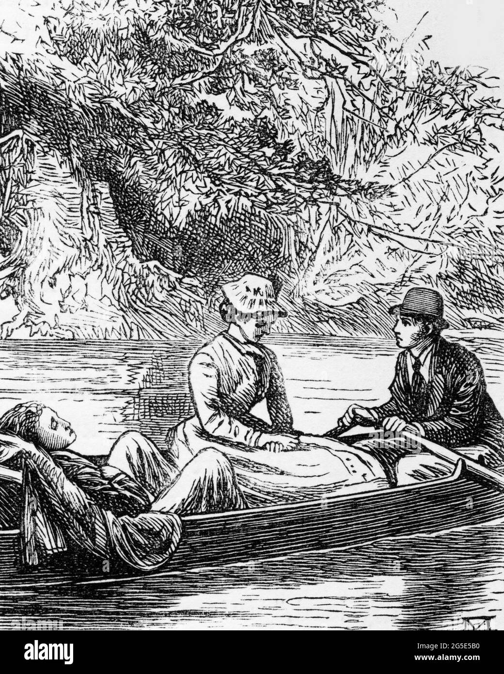 Engraving of a young man and two women relaxing in a small rowboat Stock Photo