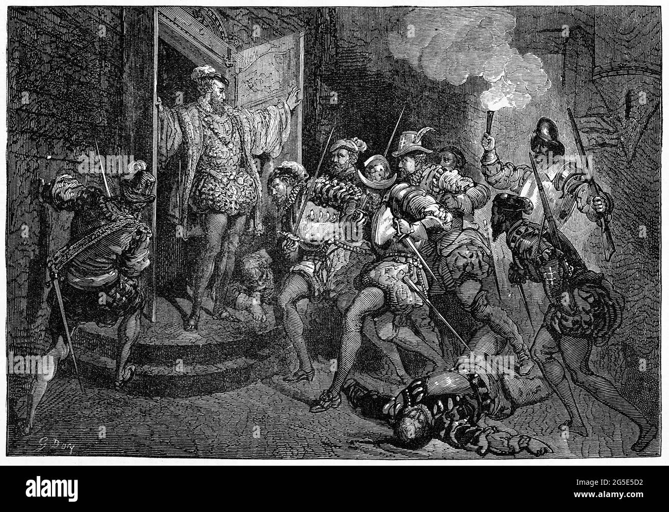 Engraving of Admiral Coligny facing his enemies during the St Bartholemew's Day massacre, when Catholics rose up against their Hugeunot neighbours in France, and Coligny was murdered. Stock Photo
