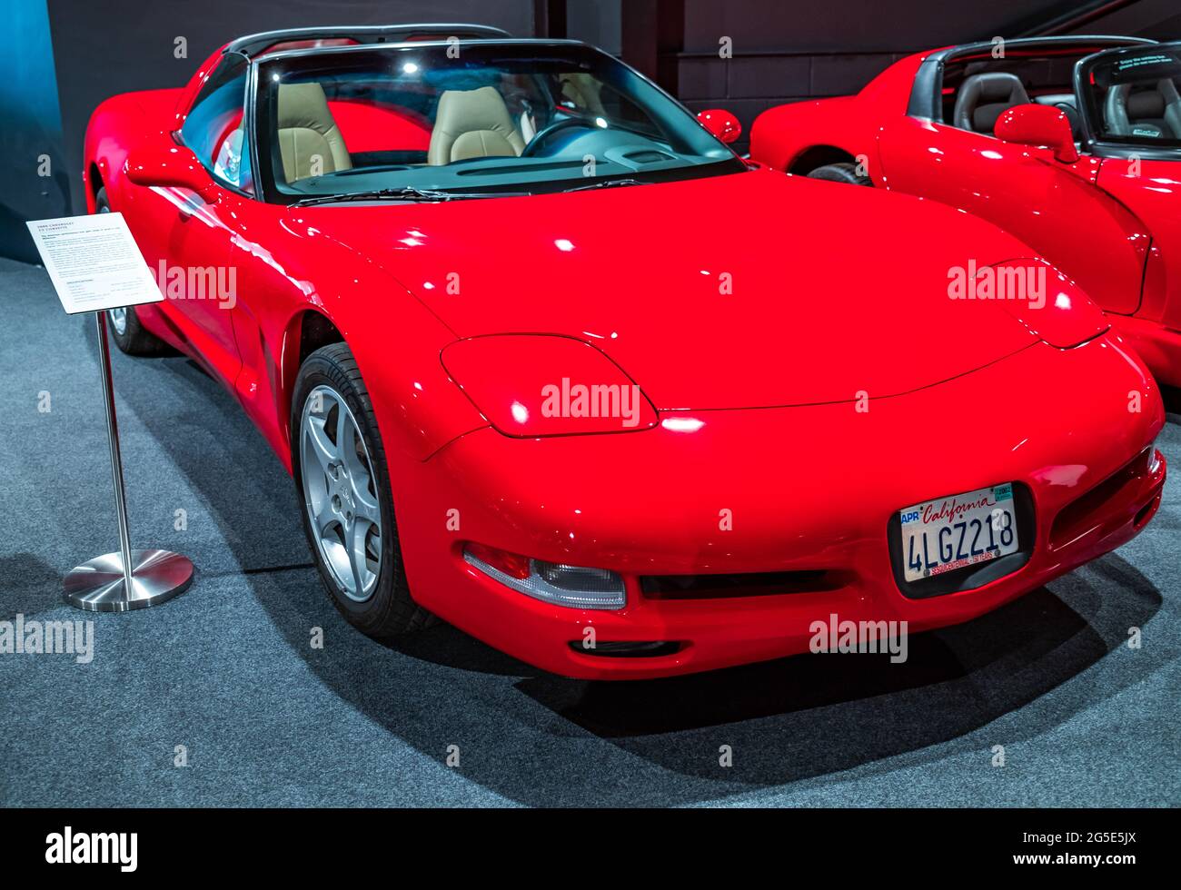 Yeovil, Somerset, UK – June 18 2021. Bright red Chevrolet C5 Corvette sports car on display to the general public at a car show Stock Photo