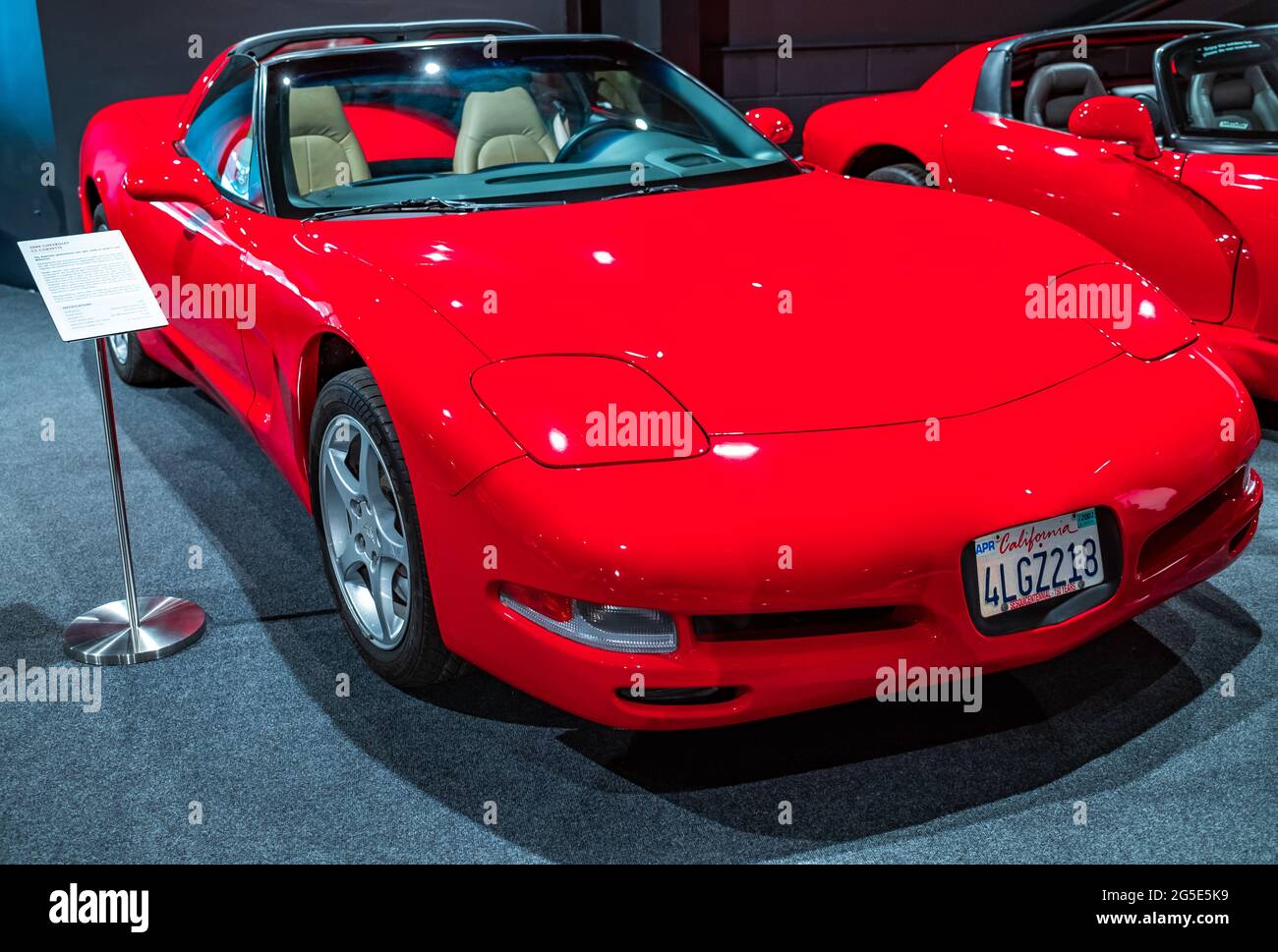Yeovil, Somerset, UK – June 18 2021. Bright red Chevrolet C5 Corvette sports car on display to the general public at a car show Stock Photo
