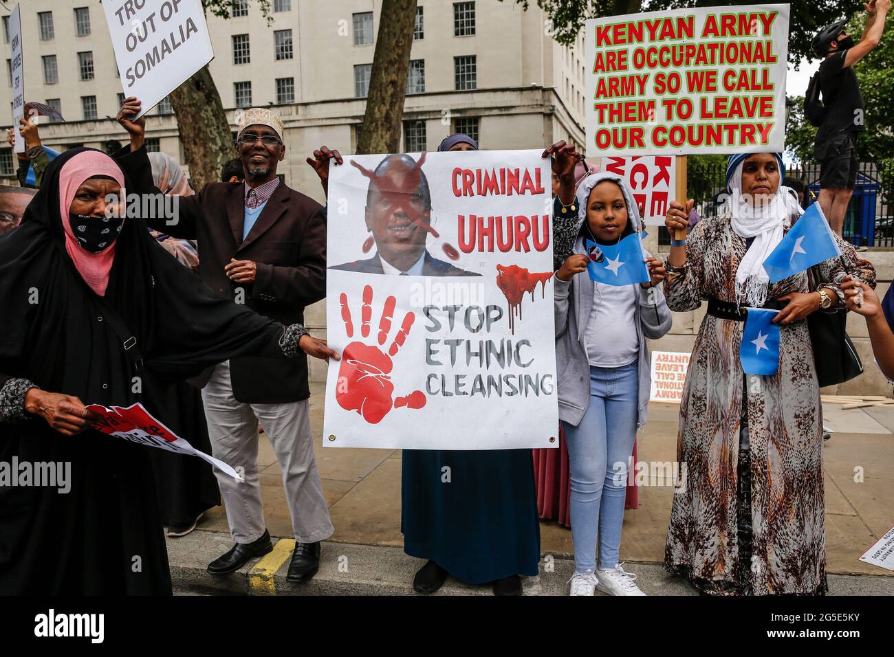 London,  UK on June 26, 2021: Ethiopians join the anti-government activists in  protest in front of the Dawning Street. The protest unites activists from many opposition left wing movements such as Kill the Bill, The People's Assembly, NHS Staff Voices, Stop the War Coalition or Extintion Rebellion. Stock Photo