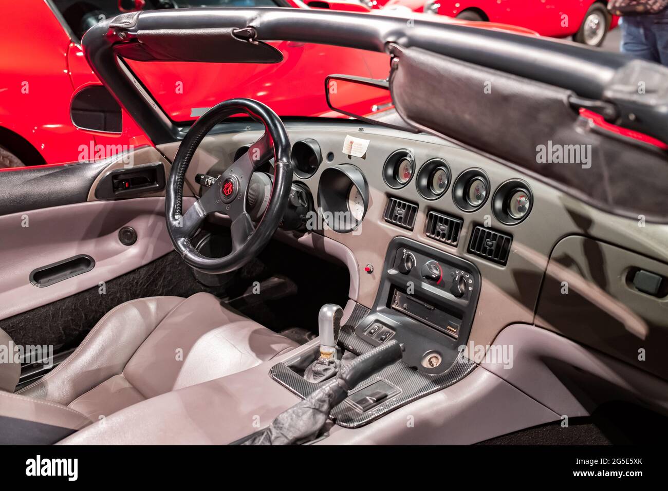 Yeovil, Somerset, UK – June 18 2021. The interior of a Chevrolet C5 Corvette sports car. Selective focus, shallow depth of field and bokeh Stock Photo