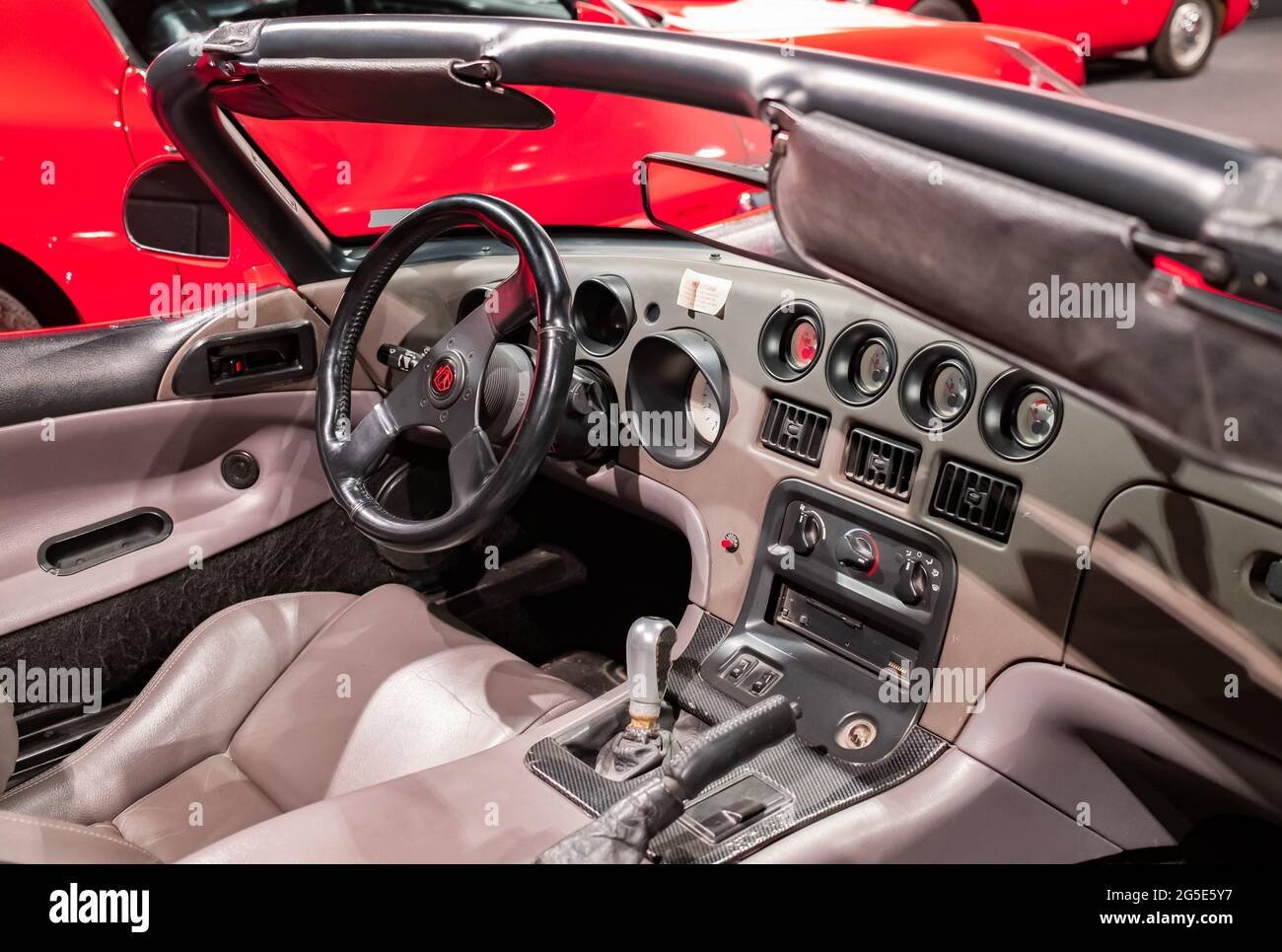 Yeovil, Somerset, UK – June 18 2021. The interior of a Chevrolet C5 Corvette sports car. Selective focus, shallow depth of field and bokeh Stock Photo