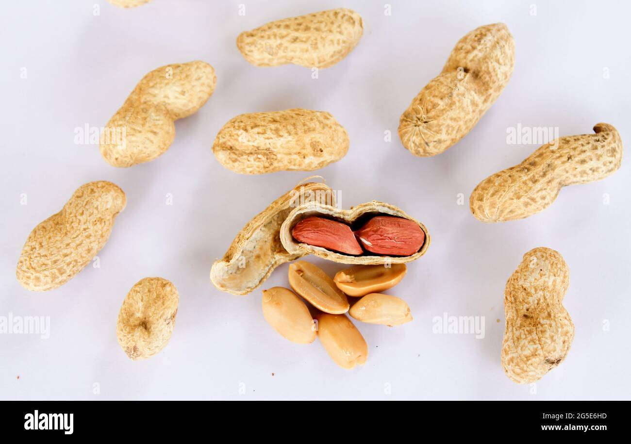 Peanuts scattered on a white background. One was opened to reveal a red seed inside. Stock Photo