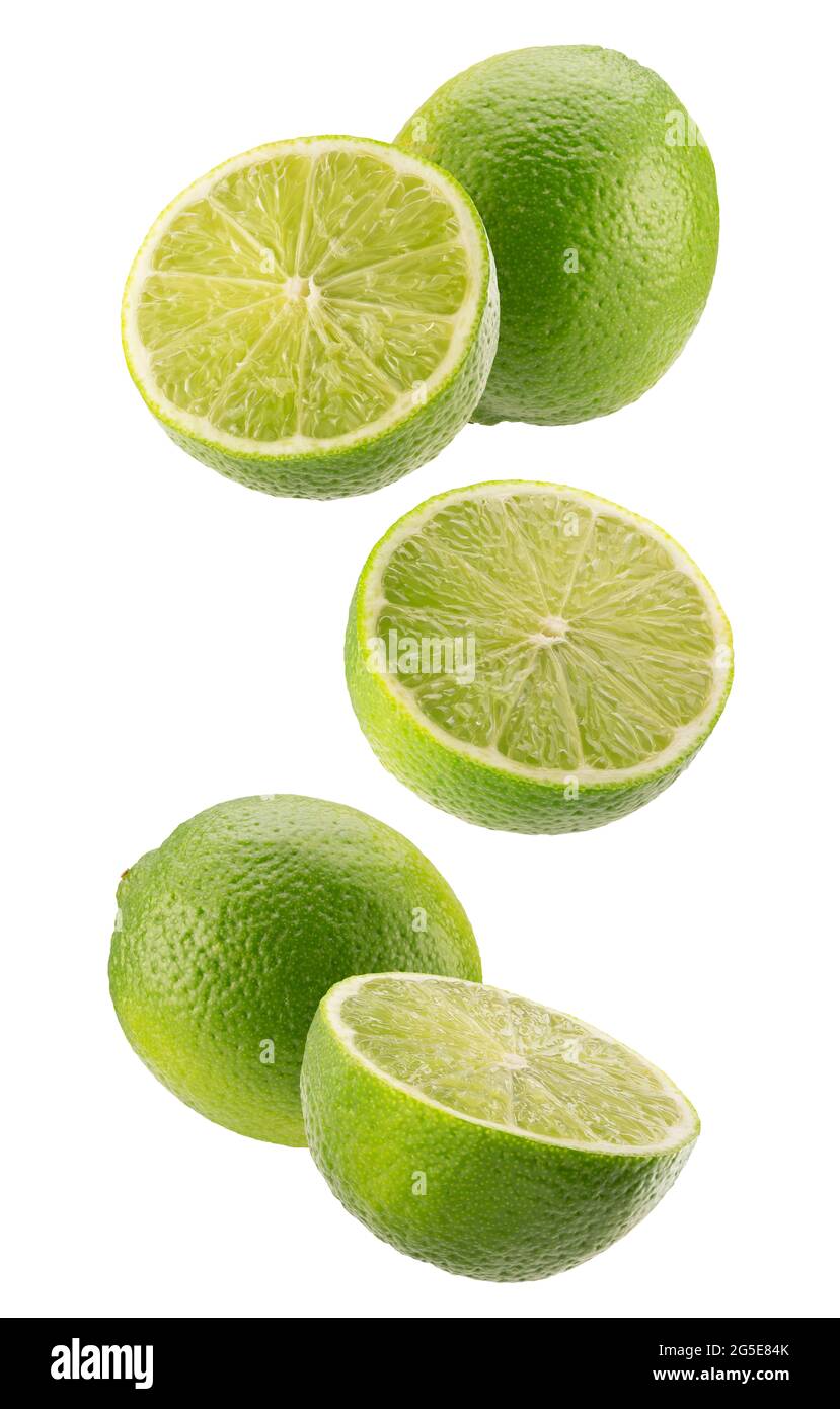 falling lime slices isolated on a white background. Stock Photo