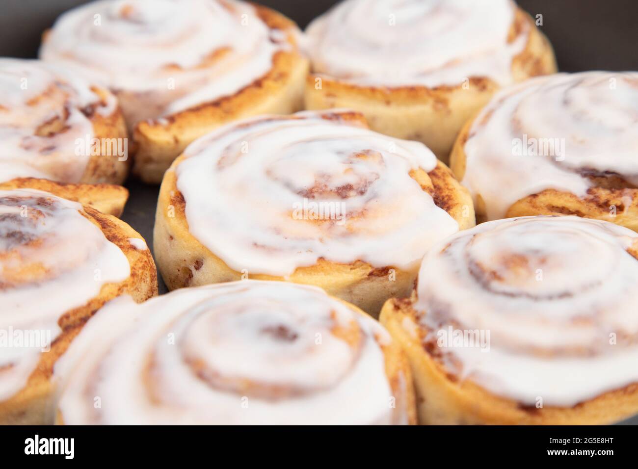 Fresh Cinnamon Rolls with White Icing in a Baking Pan Stock Photo
