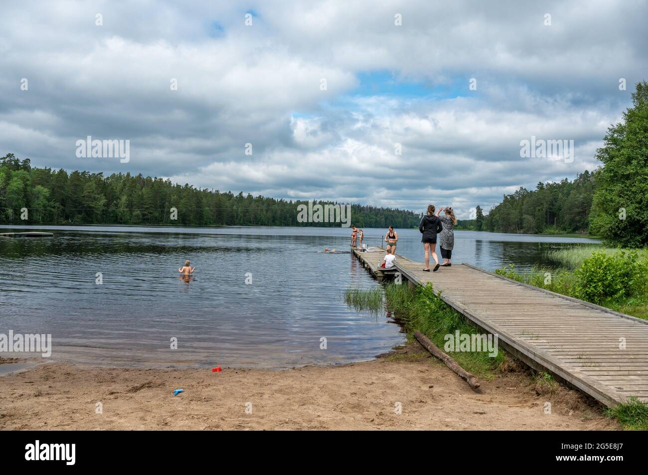Lake Sörsjön in the countryside outside Norrköping on a cloudy summer day in Sweden. Stock Photo