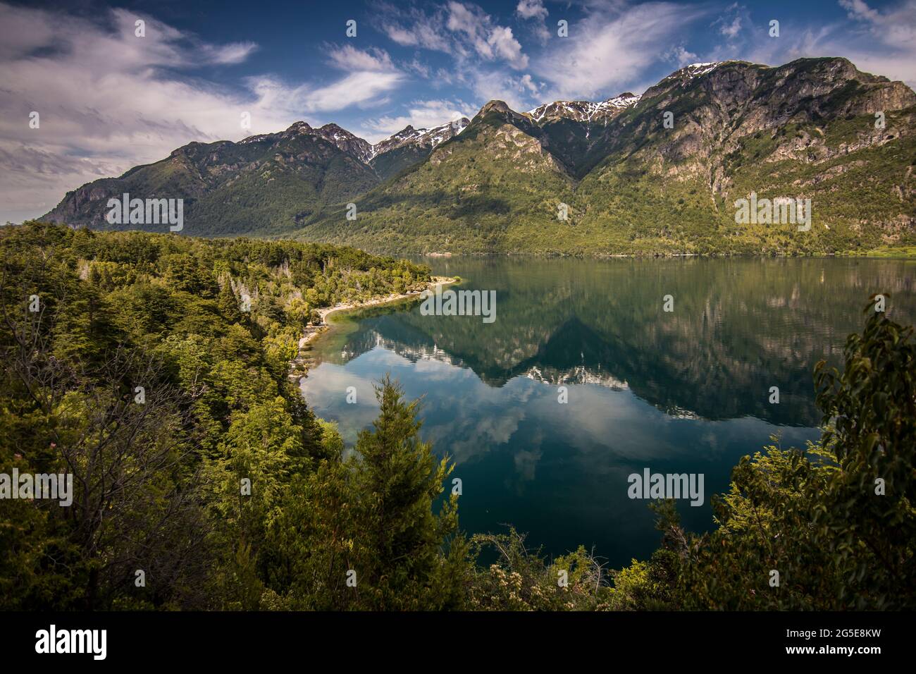 Landscape in Los Alerces National Park, Chubut Province, Argentina. Lake Futalaufquen mirrors the mountains. Stock Photo