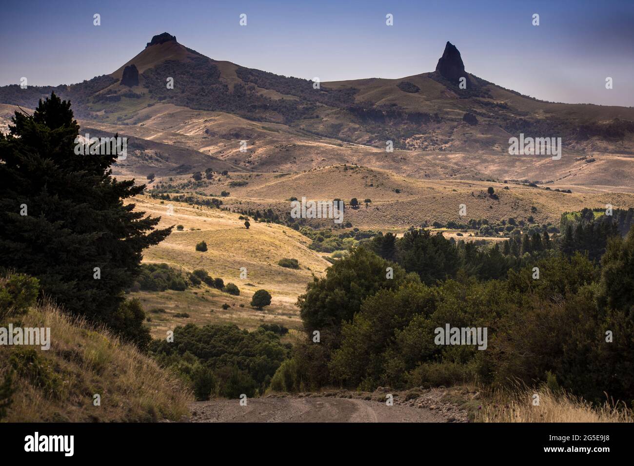 Mountain tops with interesting shapes in open field near Junin de los Andes, a little town in Neuquén Province, Argentina. Stock Photo