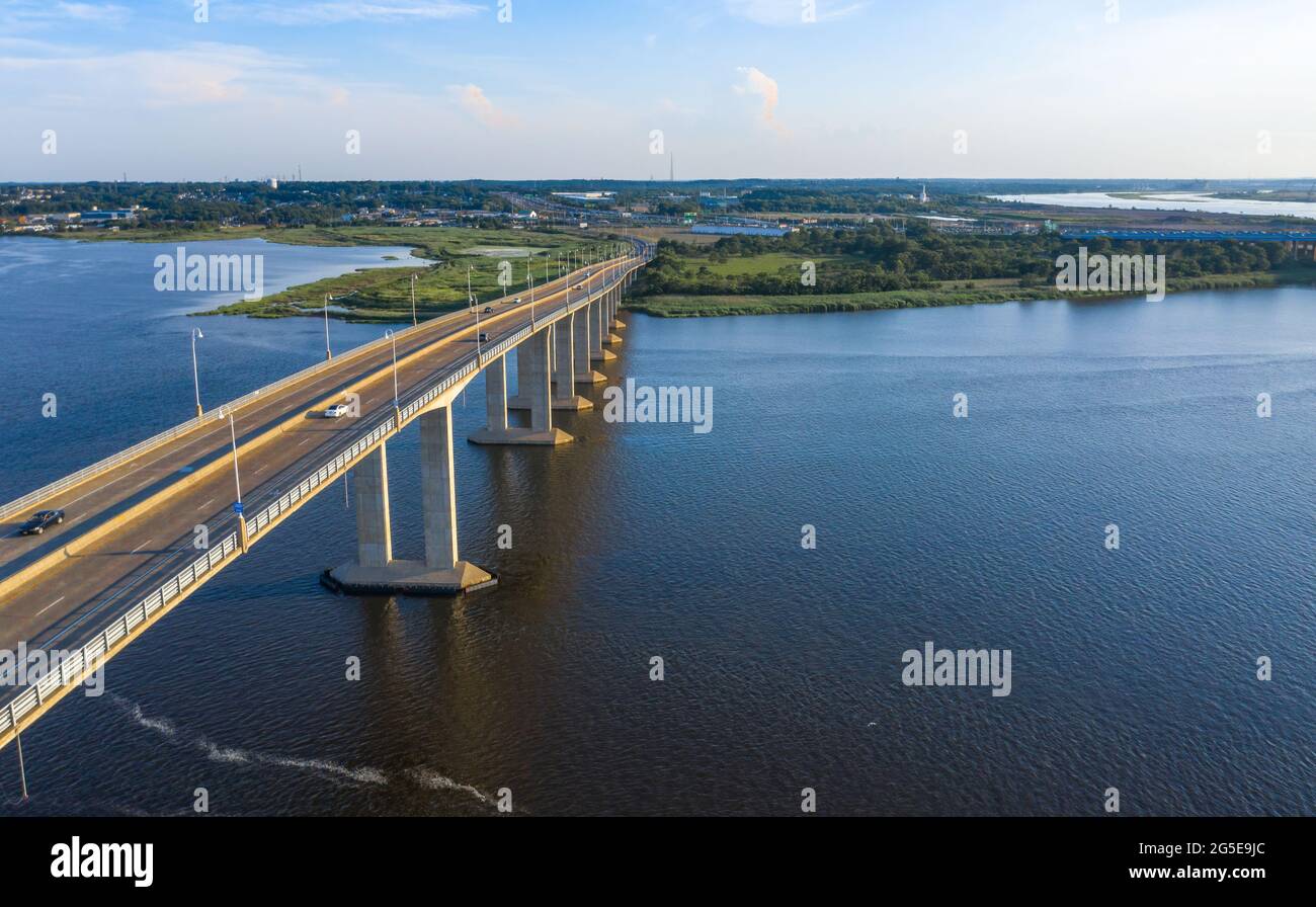 Aerial of the Victory Bridge between Sayreville and Perth Amboy, New Jersey, over the Raritan River. Stock Photo