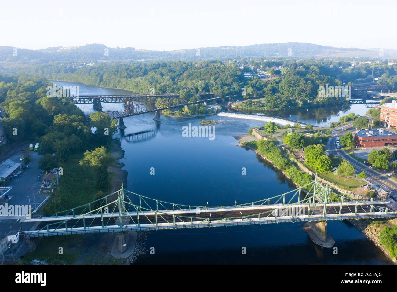 Aerial of three bridges between Phillipsburg, New Jersey and Easton, PA over the Delaware RIver. Stock Photo