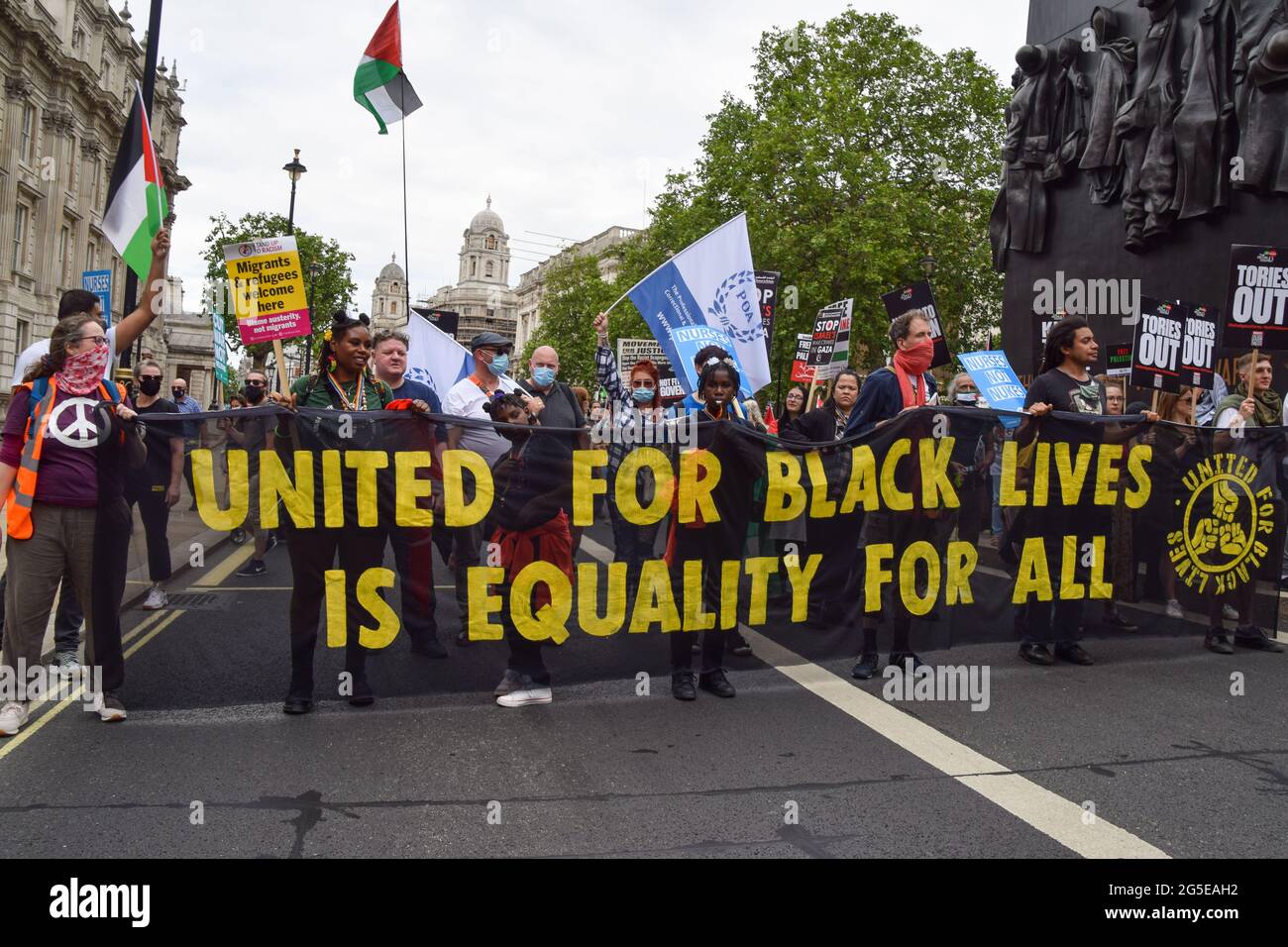 London, United Kingdom. 26th June 2021. United For Black Lives protesters in Whitehall. Several protests took place in the capital, as pro-Palestine, Black Lives Matter, Kill The Bill, Extinction Rebellion, anti-Tory demonstrators, and various other groups marched through Central London.(Credit: Vuk Valcic / Alamy Live News) Stock Photo