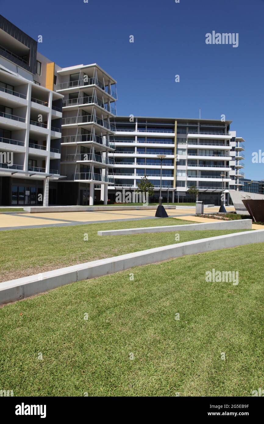 Modern buildings on a nice sunny day at Honey Suckle - a redeveloped area of Newcastle Australia. An urban renewal project. Stock Photo