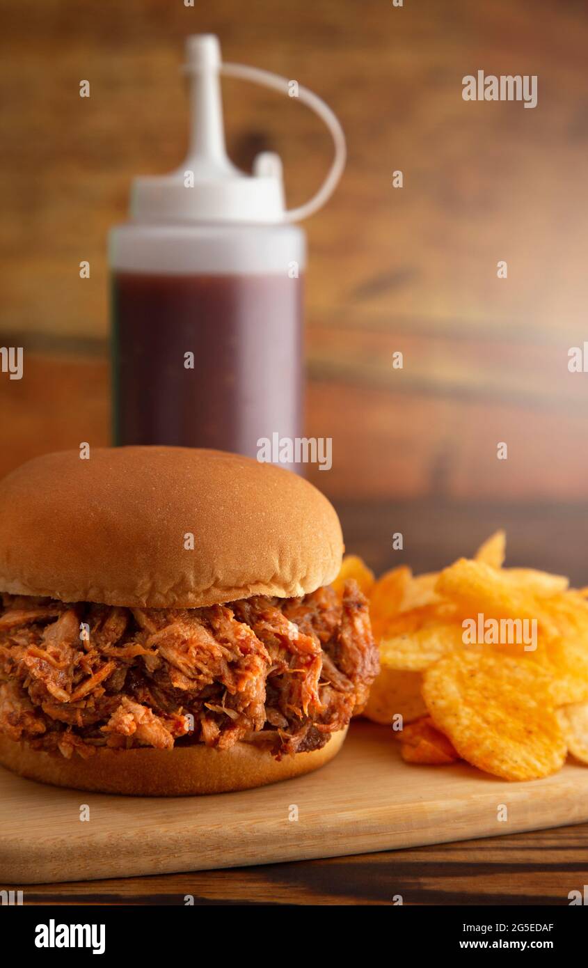 Pulled Pork Sandwich on a White Bun Stock Photo