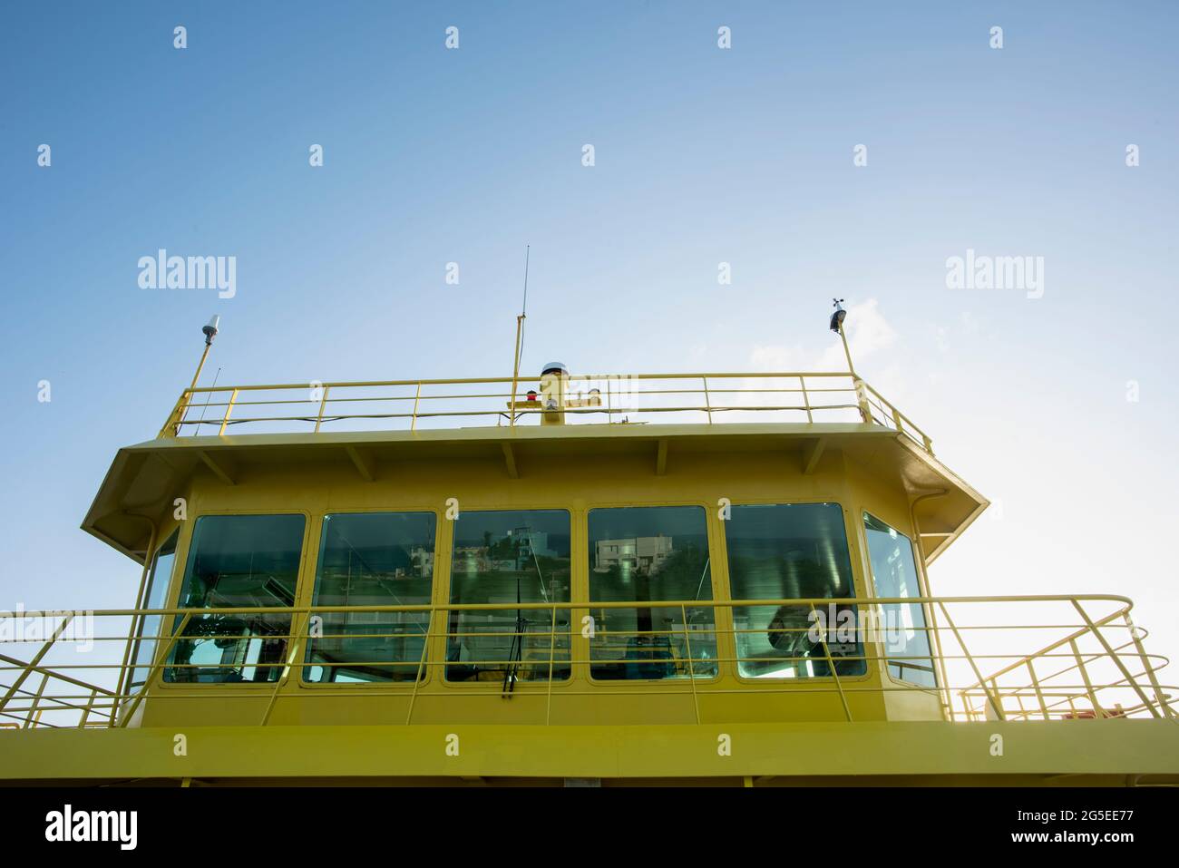 RoRo ferry ship deck for navigation and control, the ship preparing to sail in the Caribbean Sea, Mexico Stock Photo