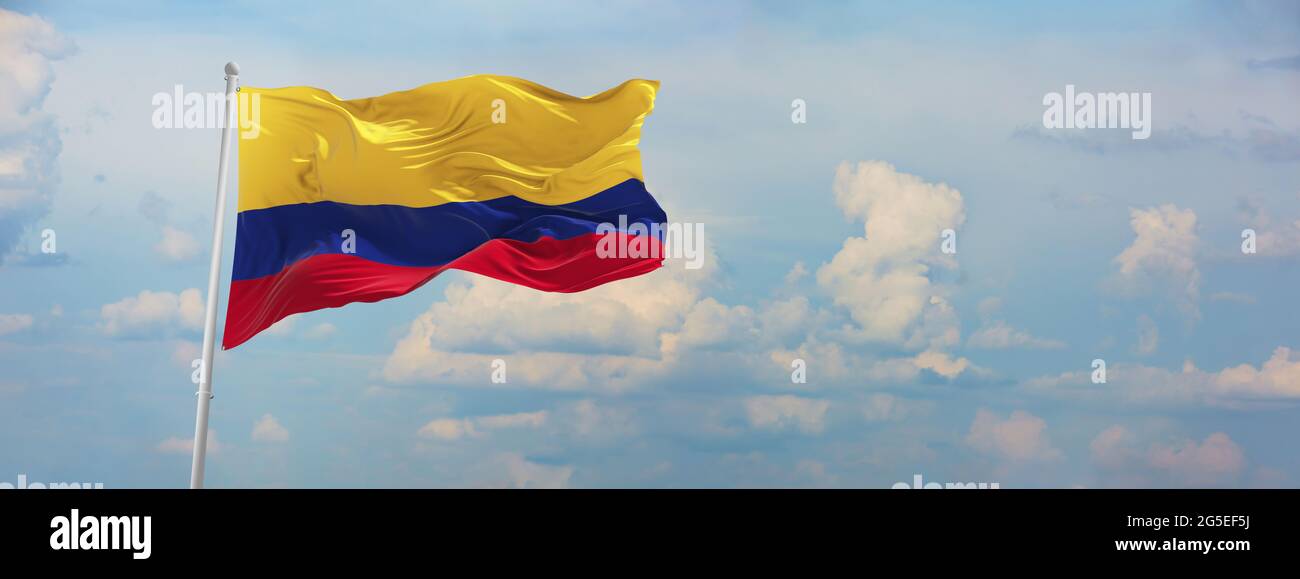 flag of Colombia at cloudy sky background on sunset, panoramic view. Patriotic concept about Colombia and copy space for wide banner. 3d illustration, Stock Photo