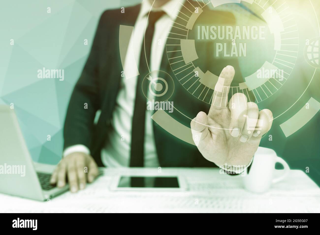 Text Caption Presenting Insurance Plan Business Overview Includes The Risk Management That A Worker Is Covered Bussiness Man Sitting Desk Laptop And Stock Photo Alamy