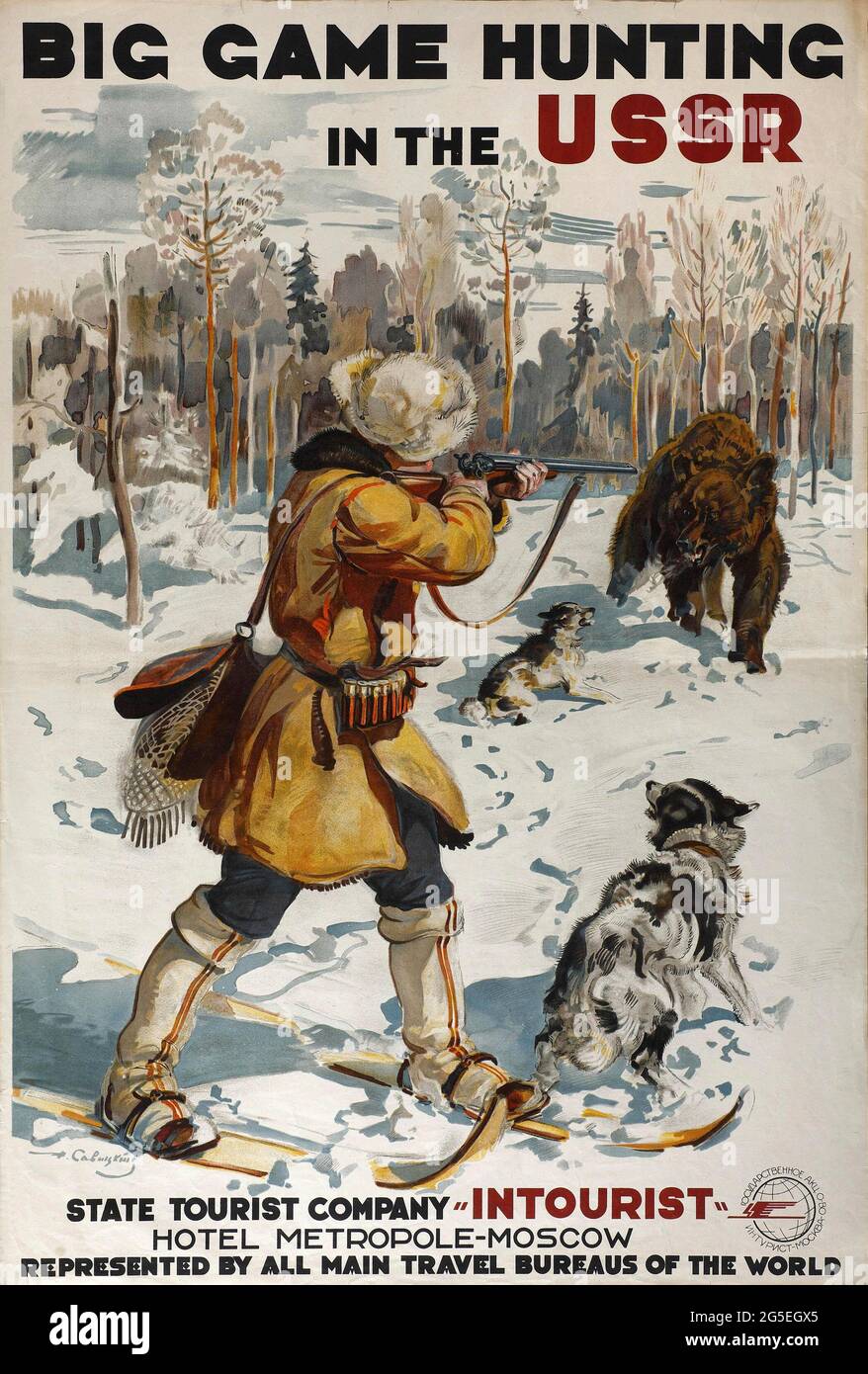 A vintage travel poster for Big Game hunting in the USSR (Russia) with the official tourist agency Intourist Stock Photo