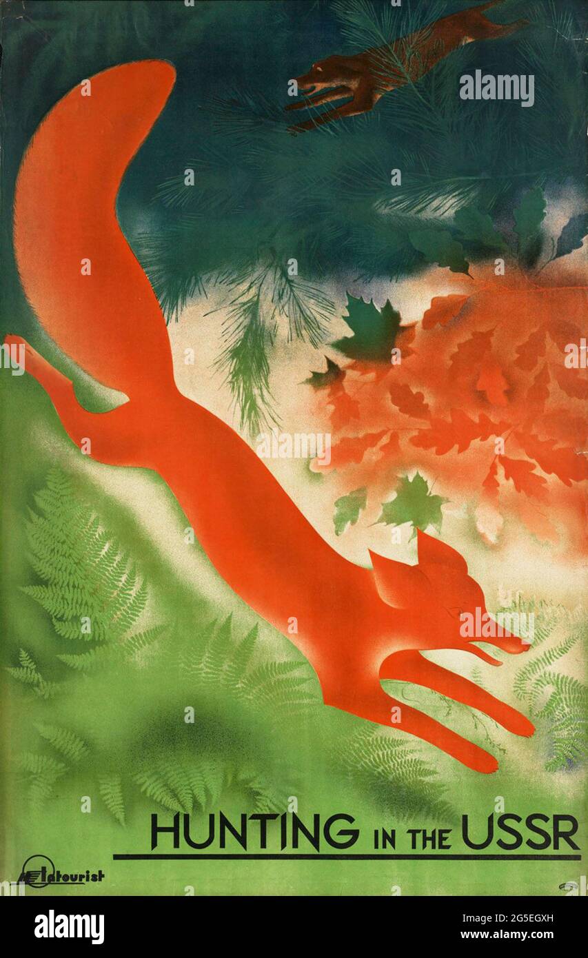 A vintage travel poster for Big Game hunting in the USSR (Russia) with the official tourist agency Intourist Stock Photo